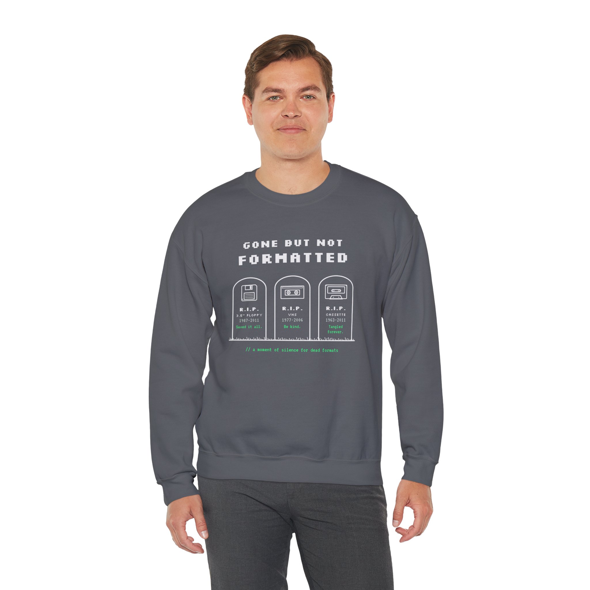 Gone But Not Formatted crewneck sweatshirt in Charcoal, worn by a model, third view