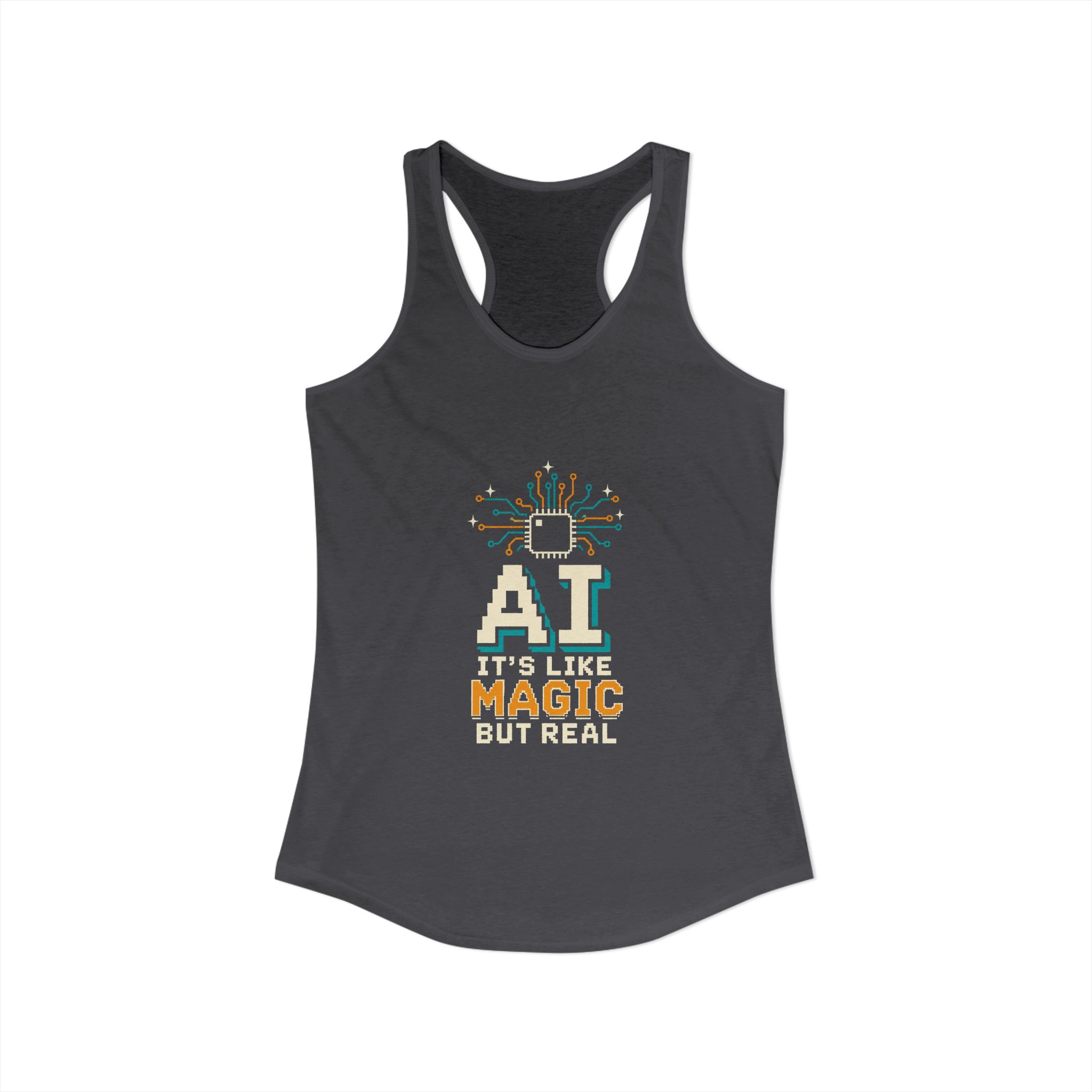 AI Magic Chip women's racerback tank in Solid Dark Gray, front view