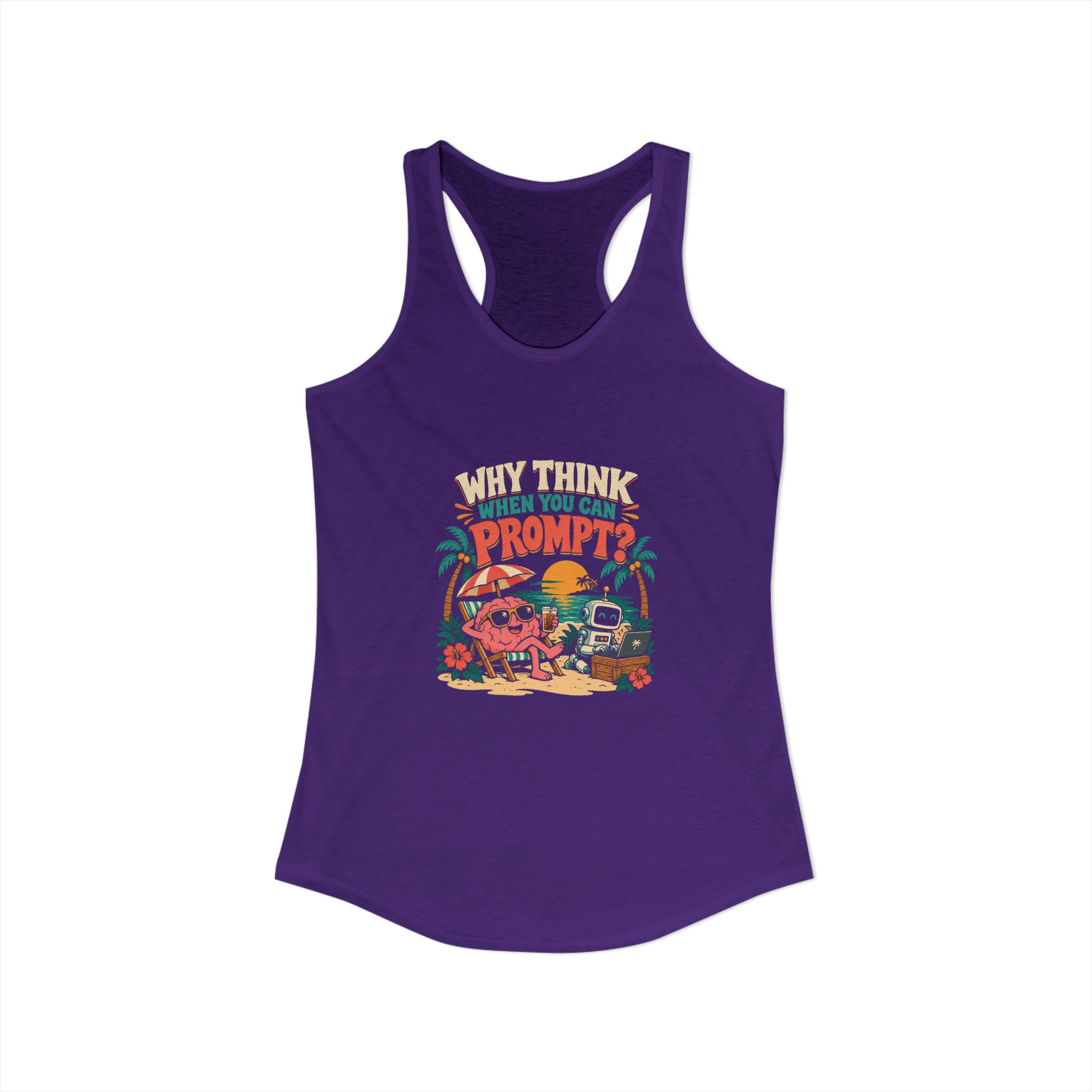 Prompt Beach Brain women's racerback tank in Solid Purple Rush, front view