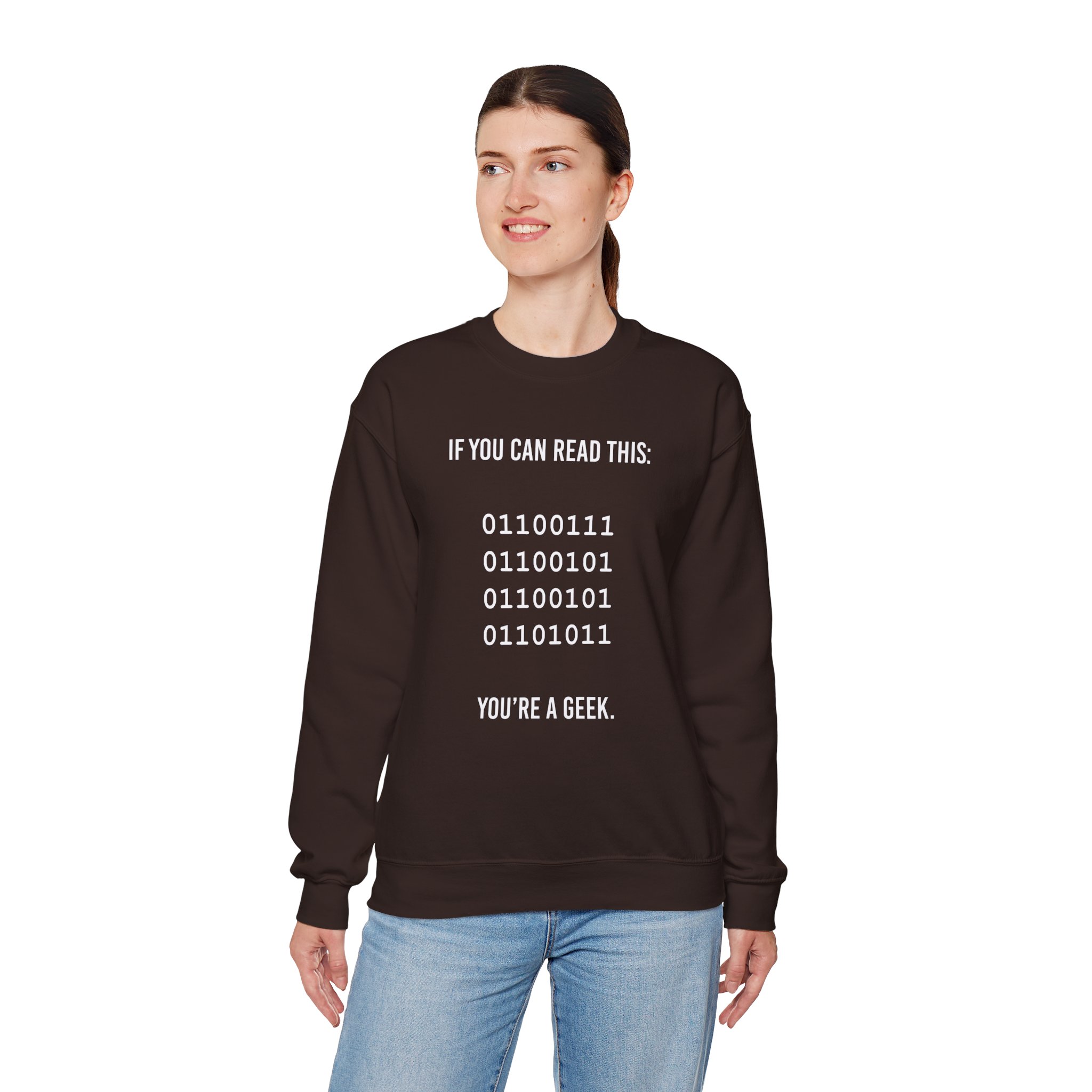 Geek Binary Code crewneck sweatshirt in Dark Chocolate, worn by a model, fourth view