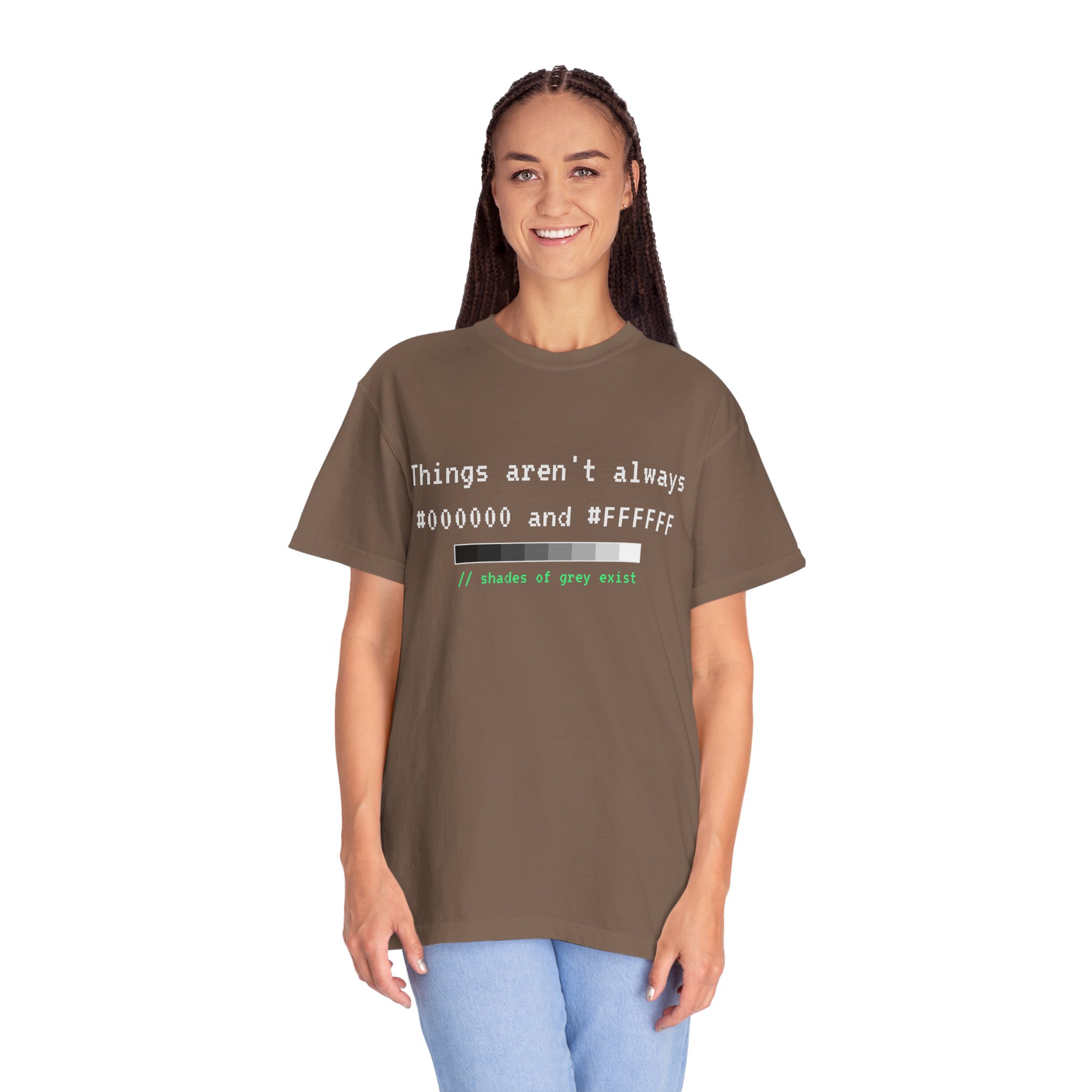 Shades of Grey Exist T-shirt in Espresso, worn by a woman