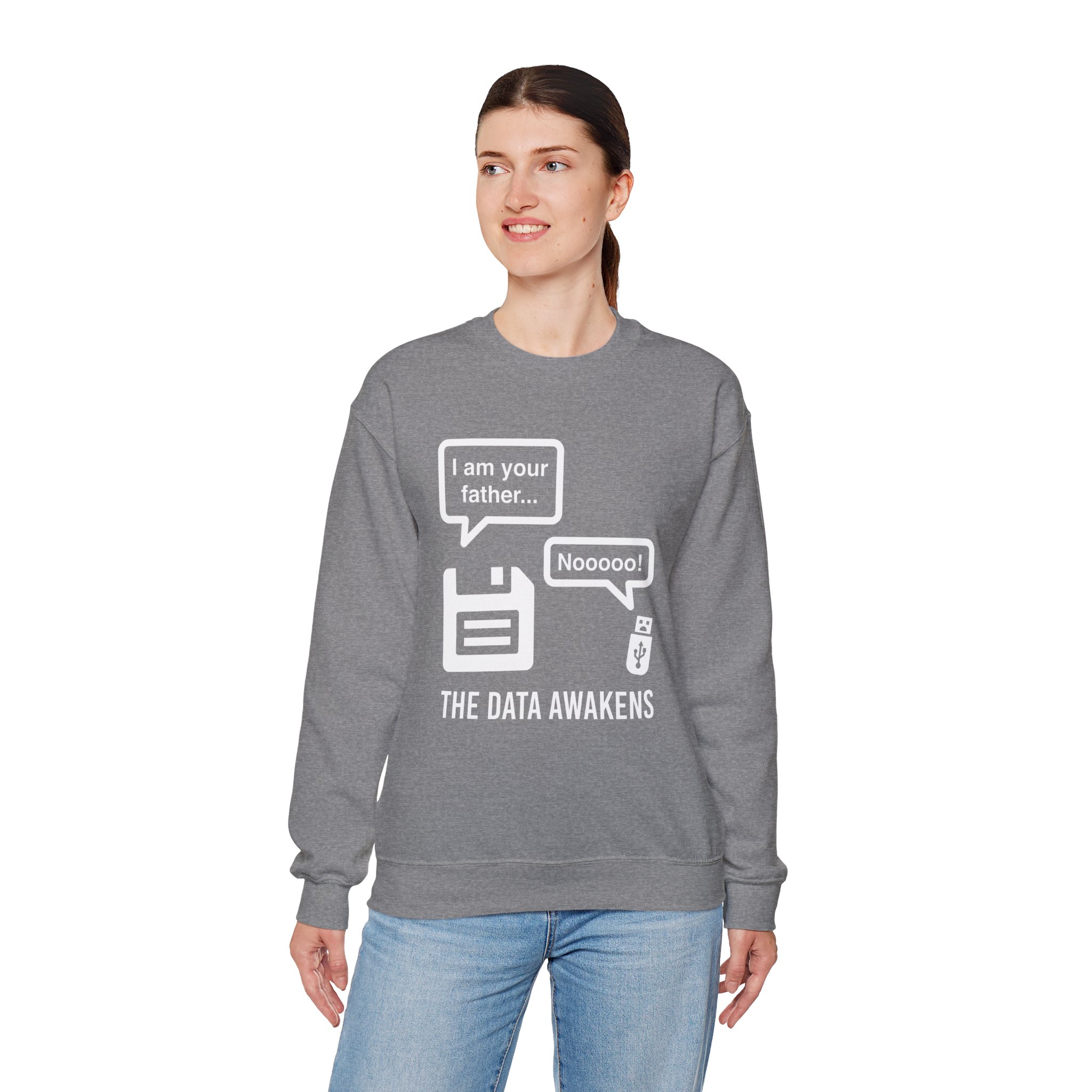 The Data Awakens crewneck sweatshirt in Graphite Heather, worn by a model, fourth view
