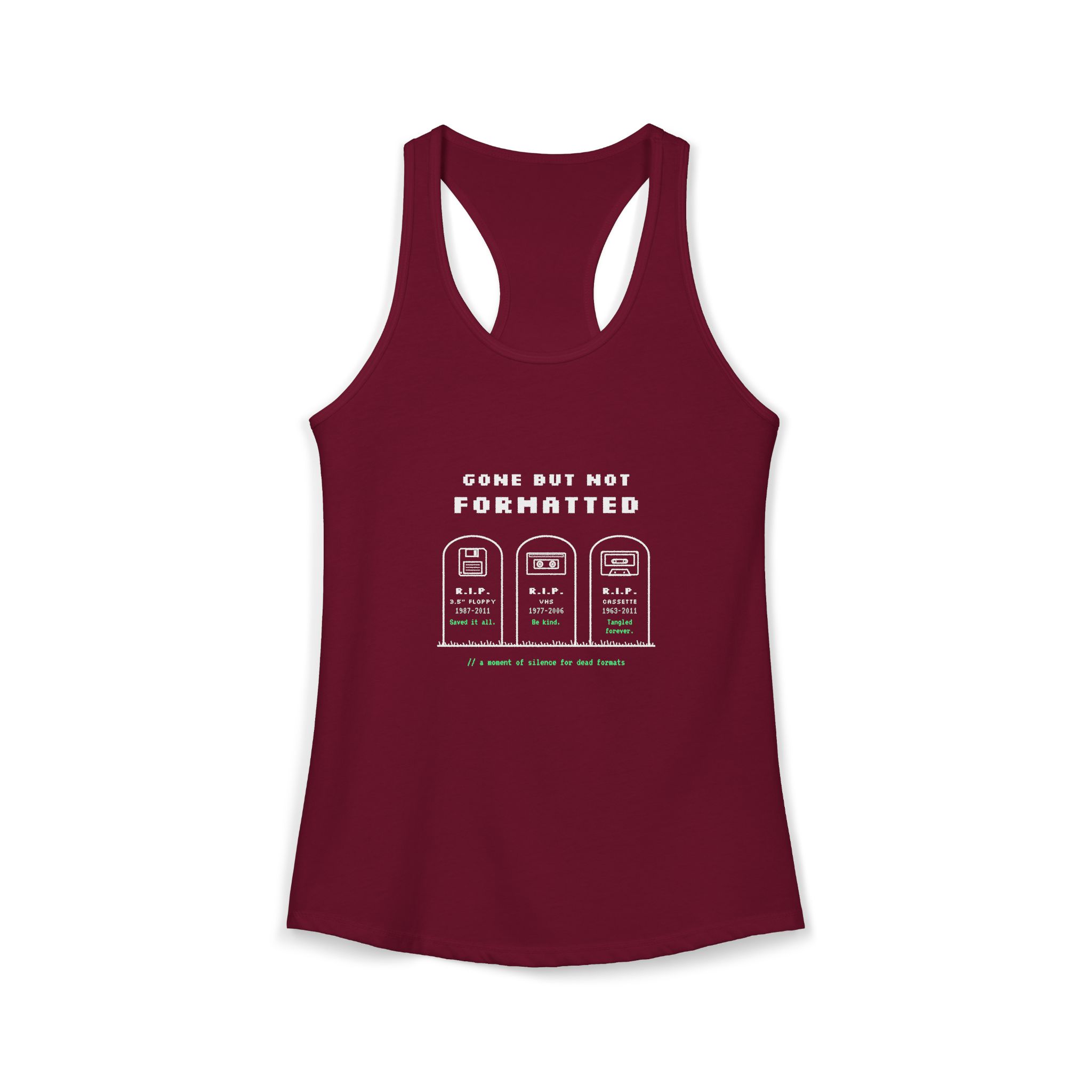 Gone But Not Formatted women's racerback tank in Solid Cardinal Red, front 2