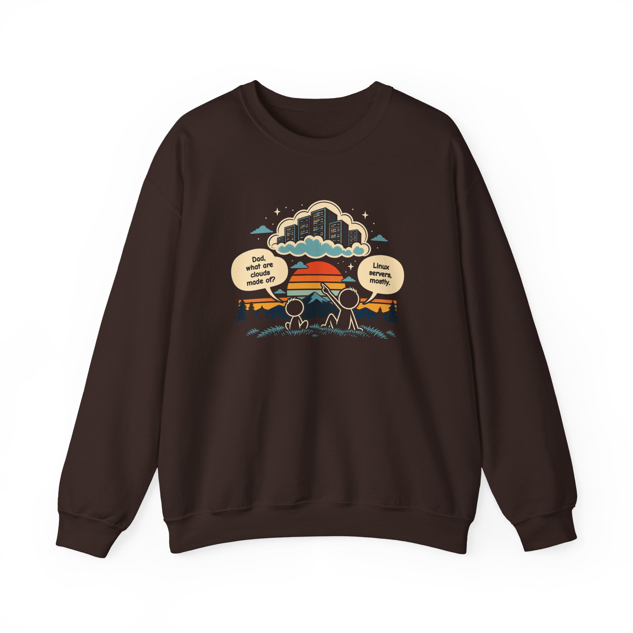 Linux Clouds crewneck sweatshirt in Dark Chocolate, front view