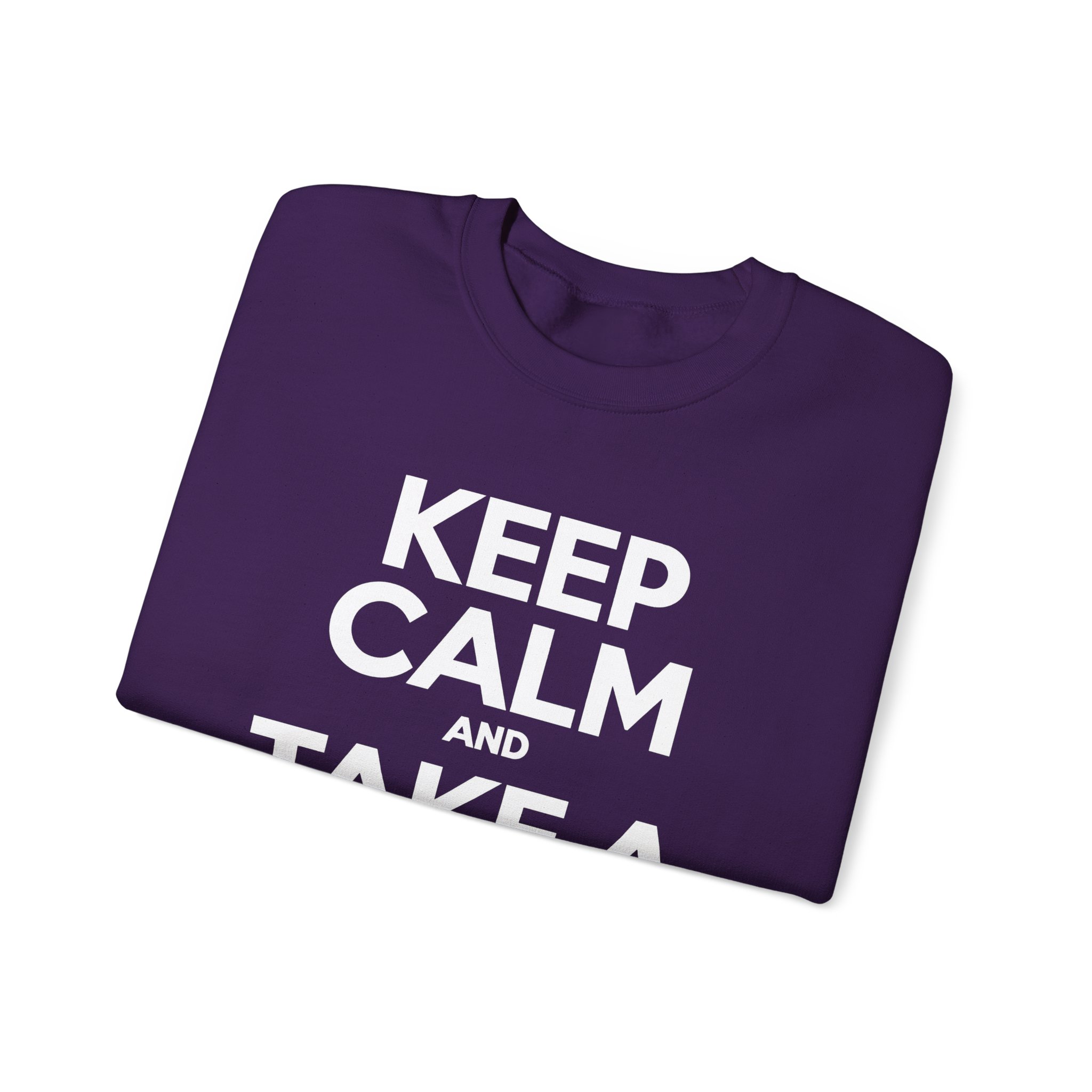 Keep Calm and Take a Break crewneck sweatshirt in Purple, folded