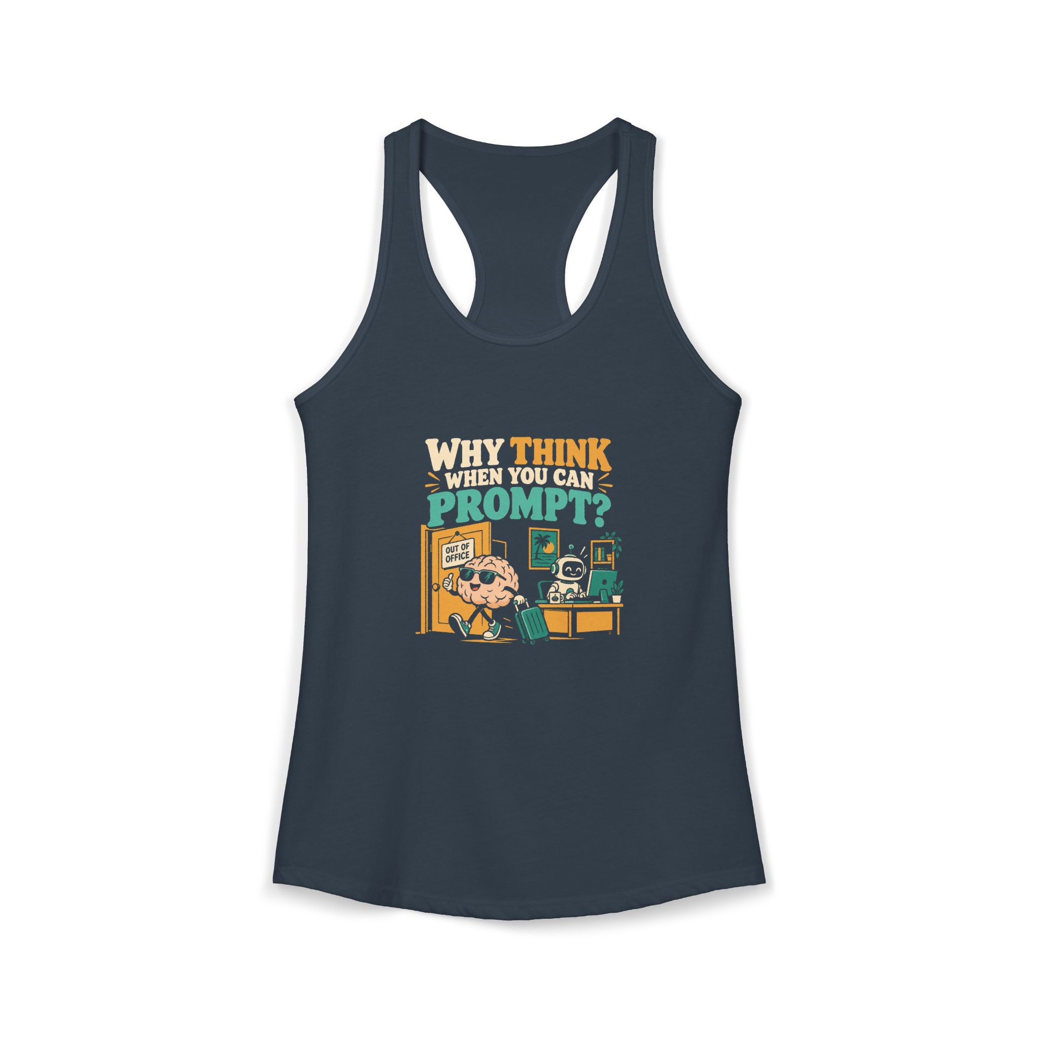 Prompt Out of Office women's racerback tank in Solid Indigo, front 2
