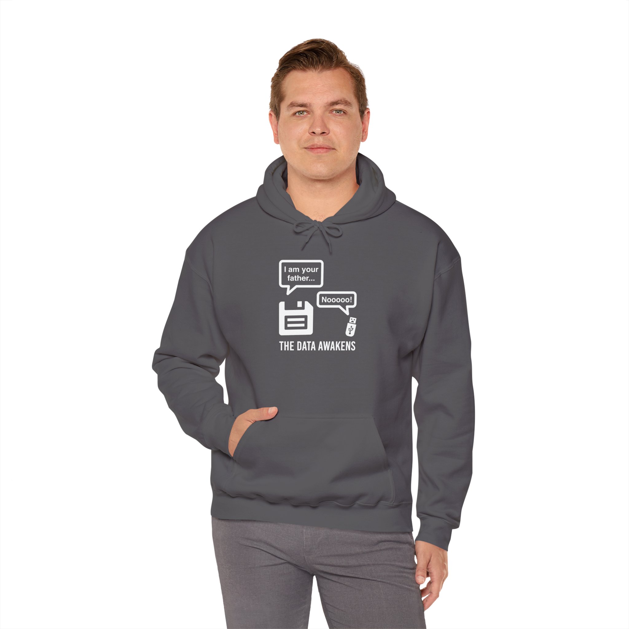 The Data Awakens hoodie in Charcoal, worn by a model, fourth view