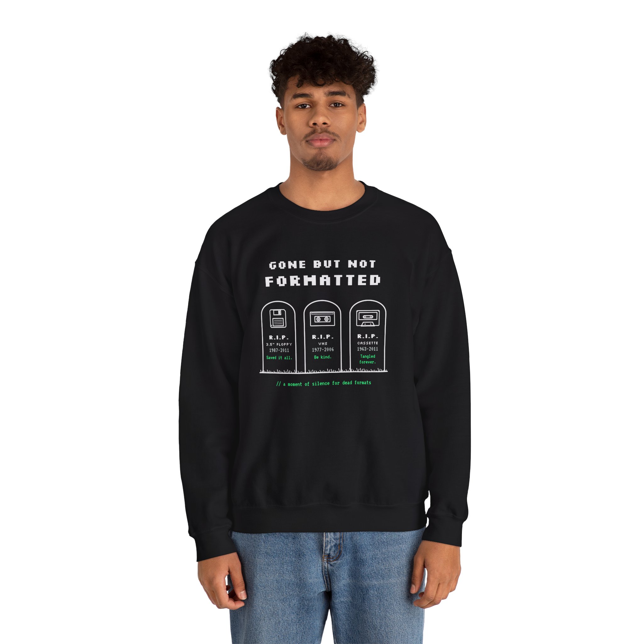 Gone But Not Formatted crewneck sweatshirt in Black, worn by a model, second view