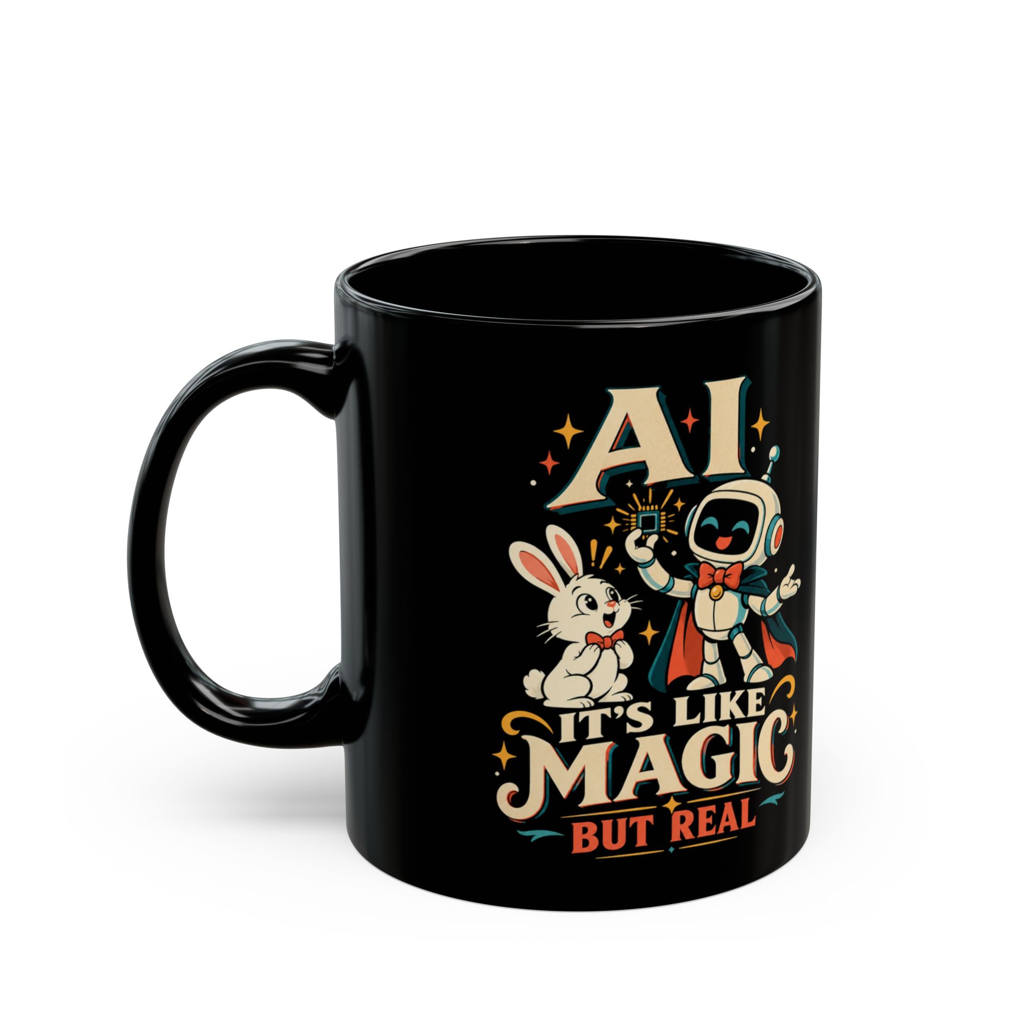 AI Magic Bunny black mug, 11 oz, left side