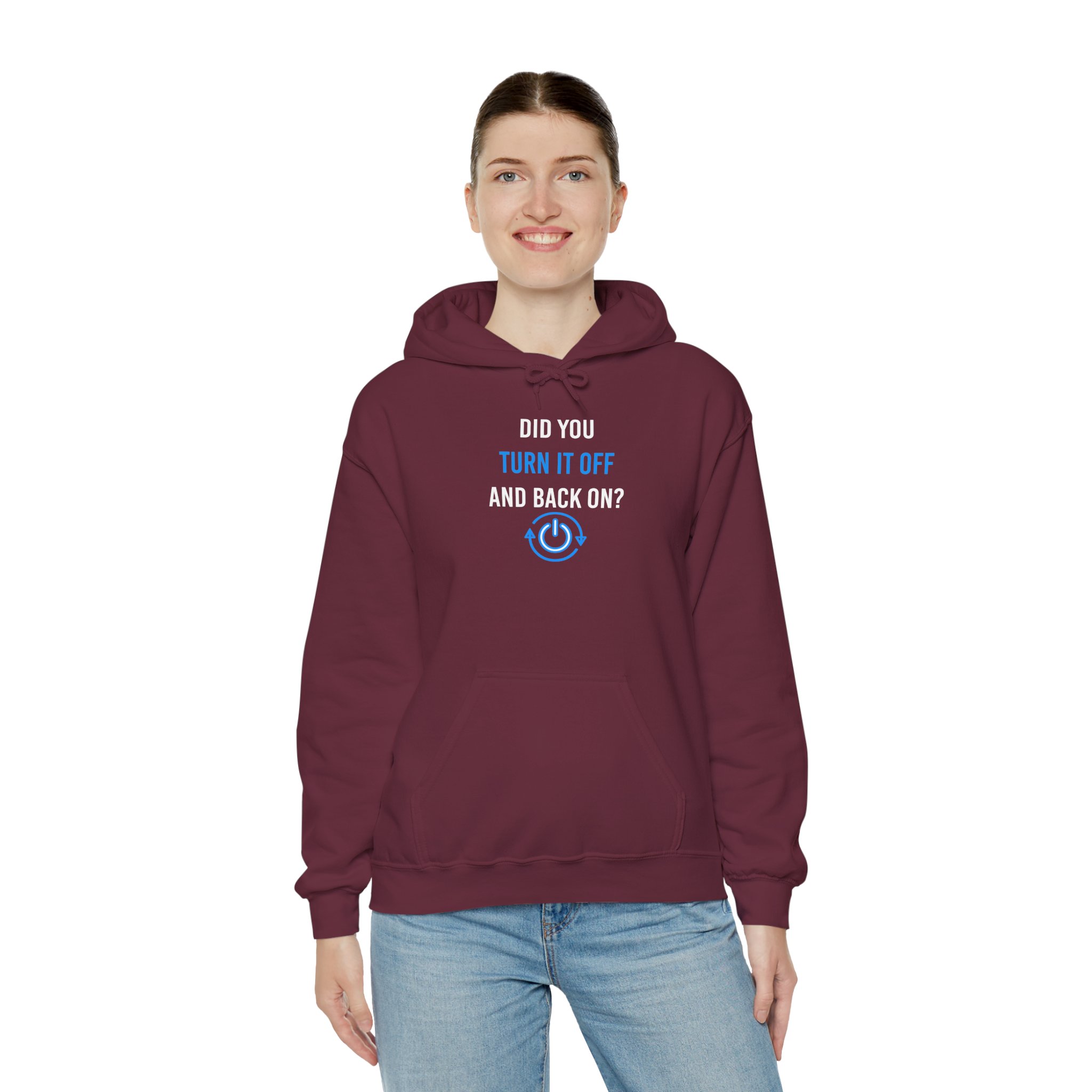 Did You Turn It Off and Back On? hoodie in Maroon, worn by a model, third view