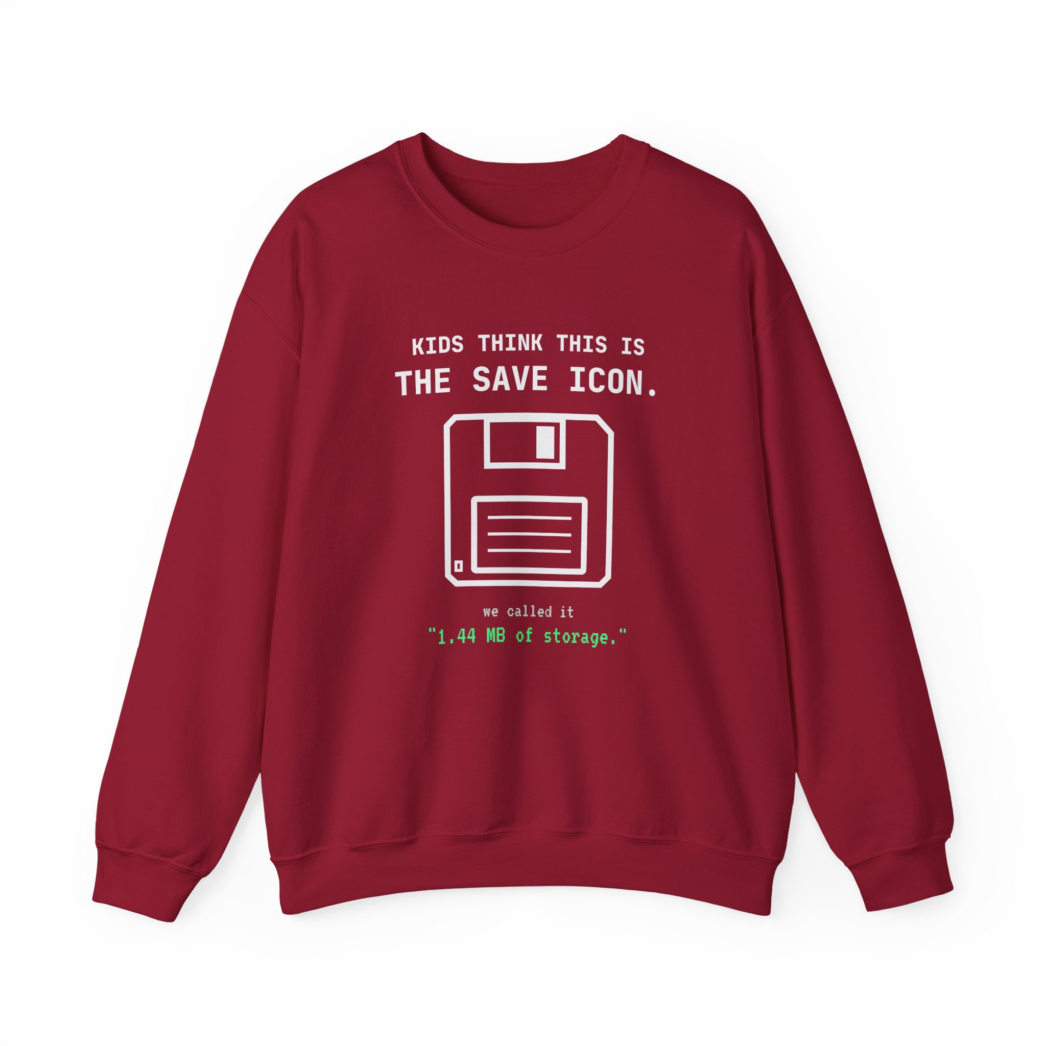 The Original Save Icon crewneck sweatshirt in Cardinal Red, front view