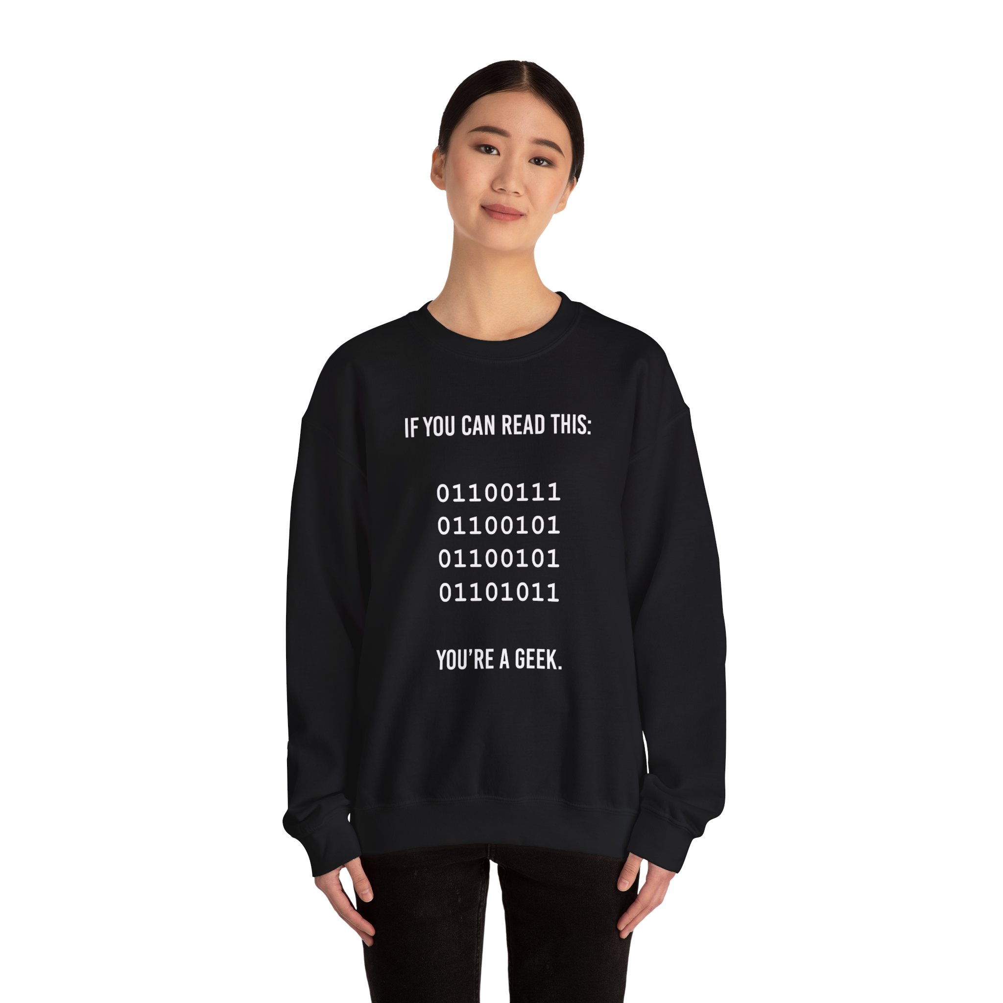 Geek Binary Code crewneck sweatshirt in Black, worn by a model