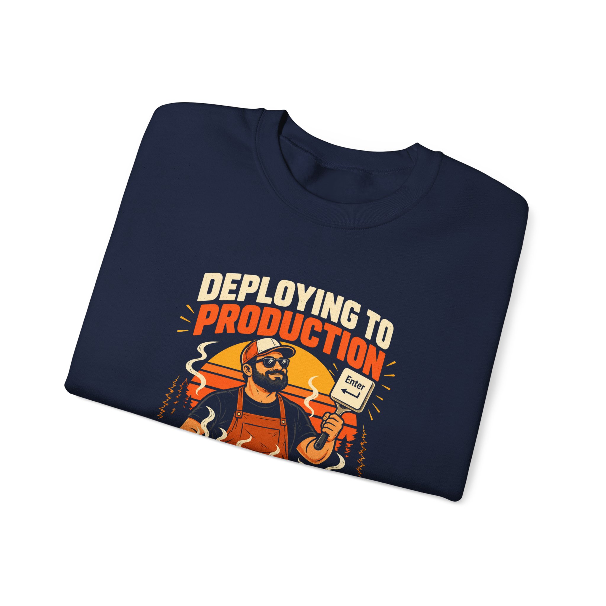 Deploying to Production crewneck sweatshirt in Navy, folded