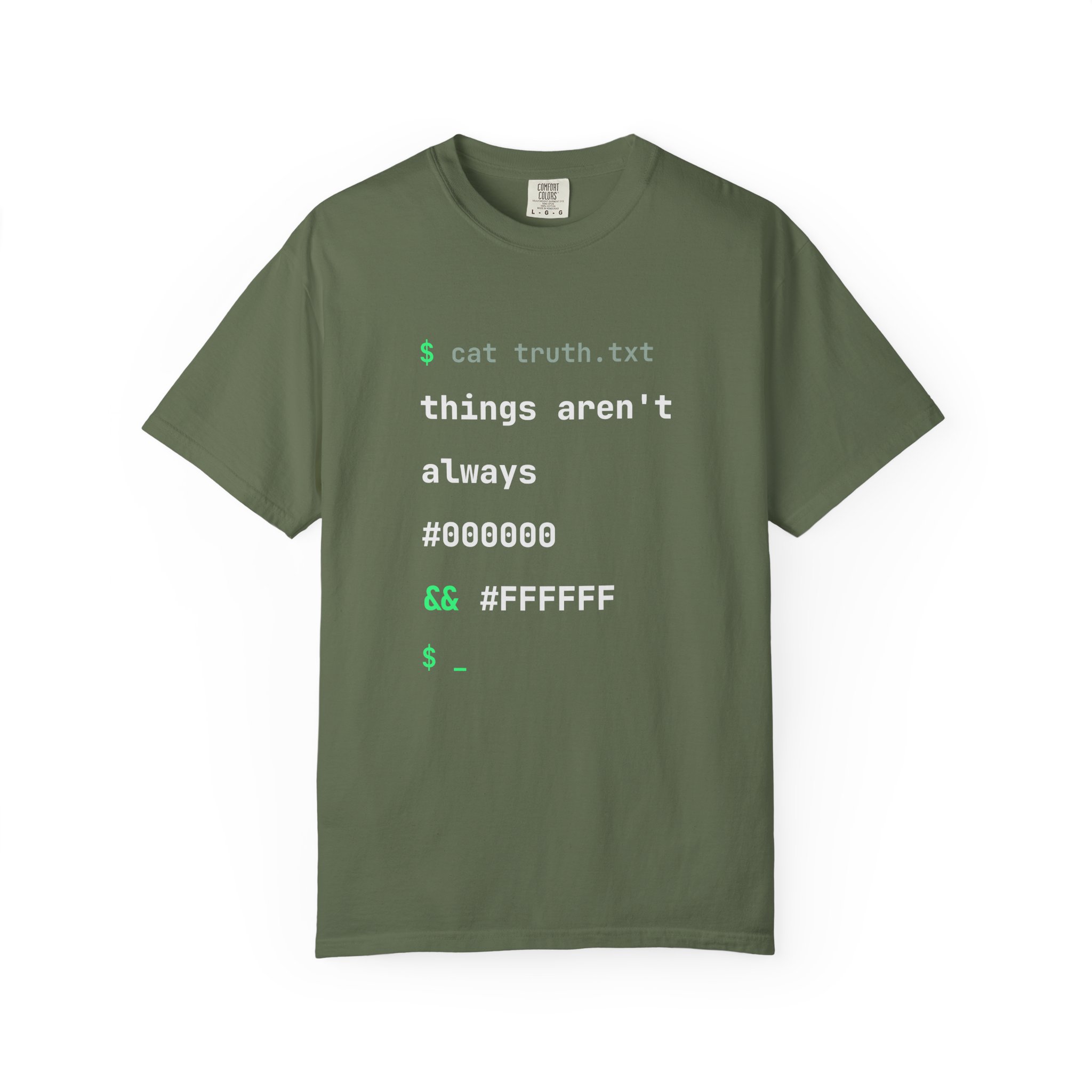 cat truth.txt T-shirt in Sage, front view