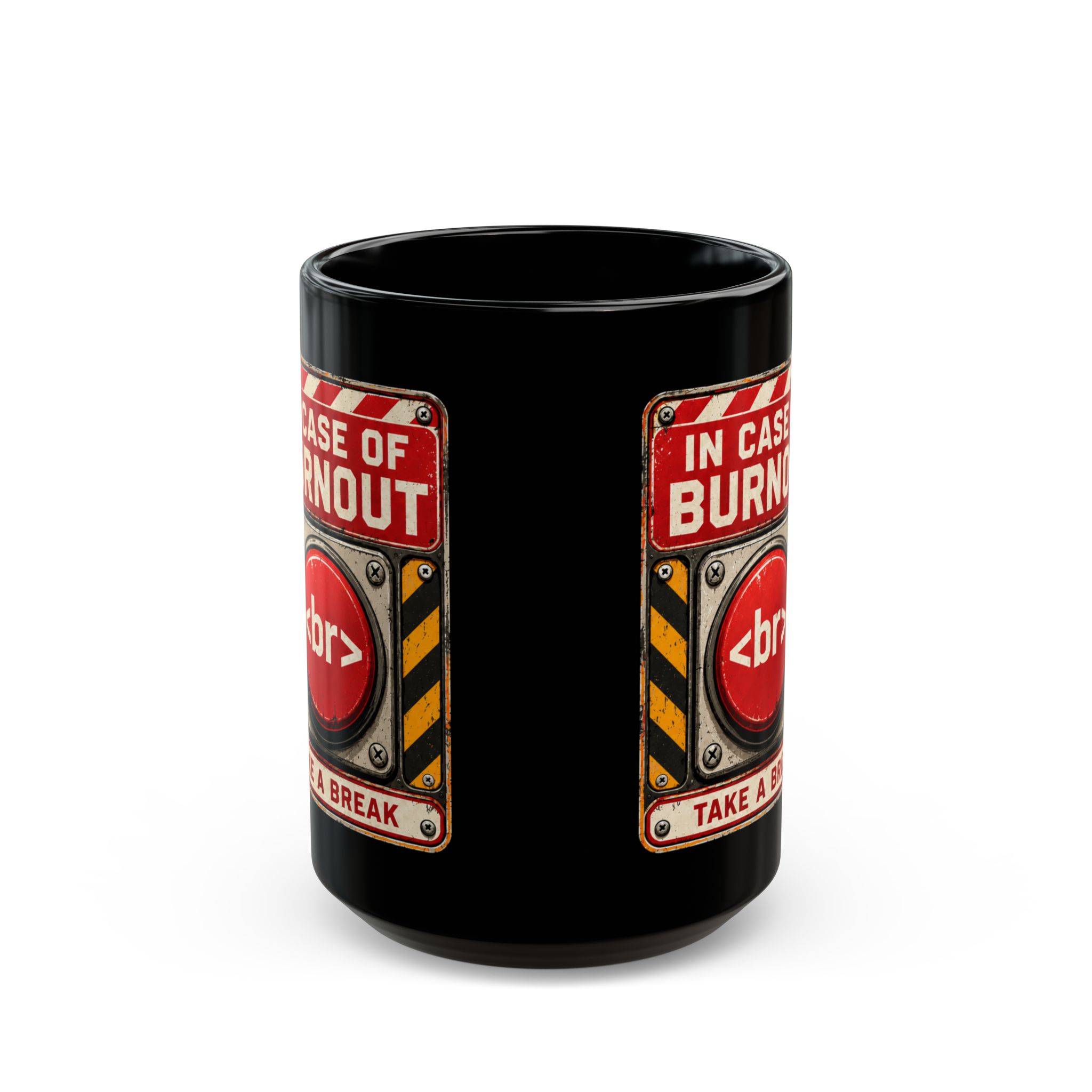 In Case of Burnout black mug, 15 oz, front view