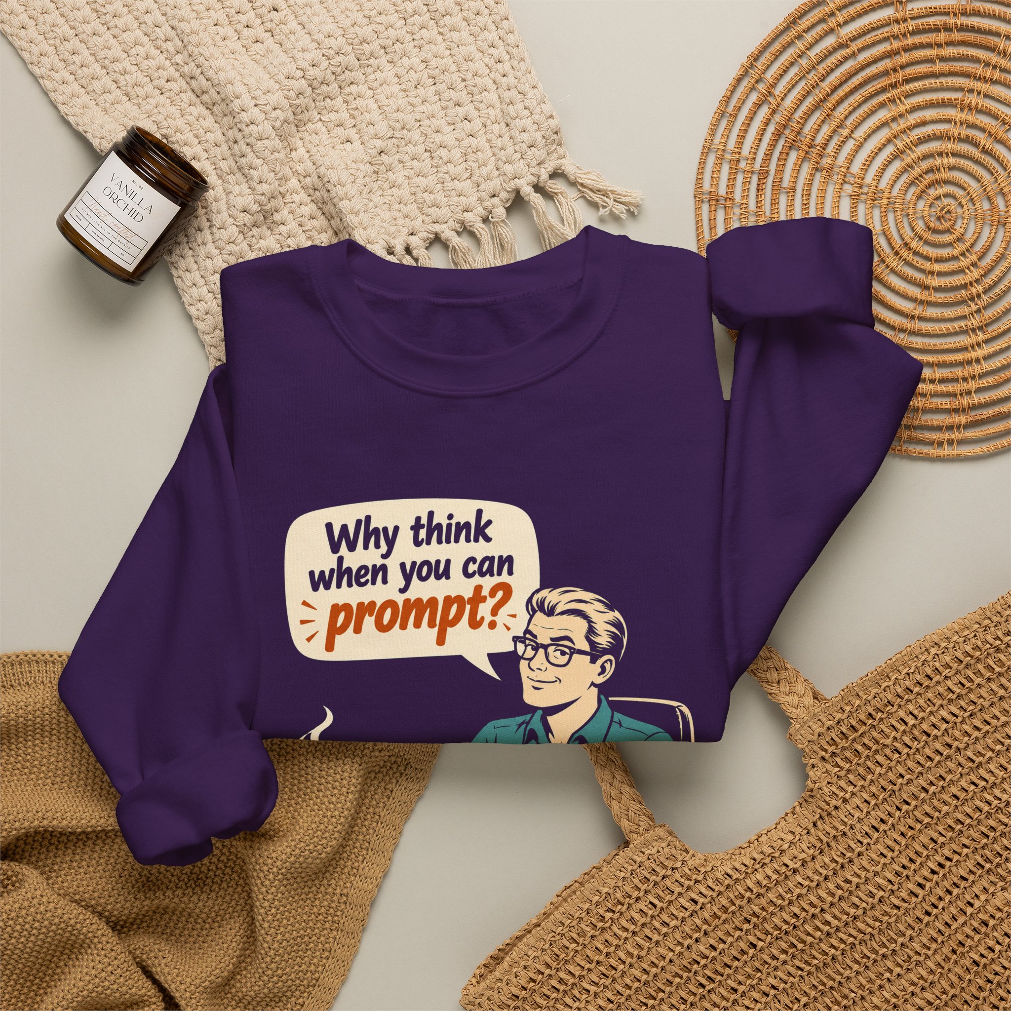 Why Think When You Can Prompt crewneck sweatshirt in Purple, folded 2