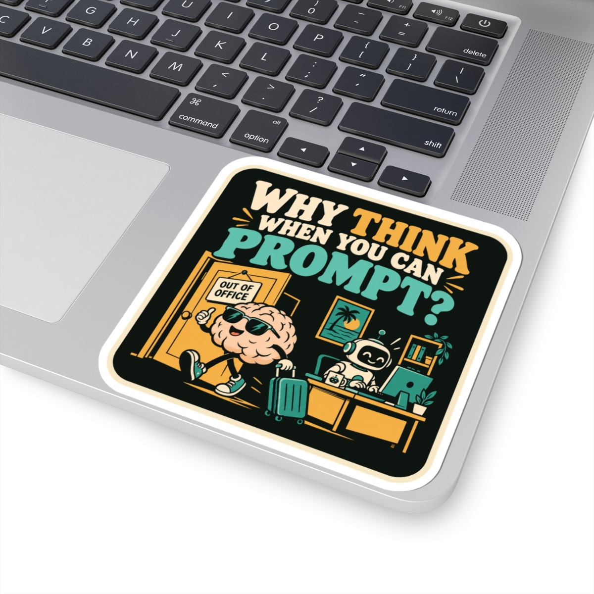 Prompt Out of Office sticker, 4 inch, on a laptop