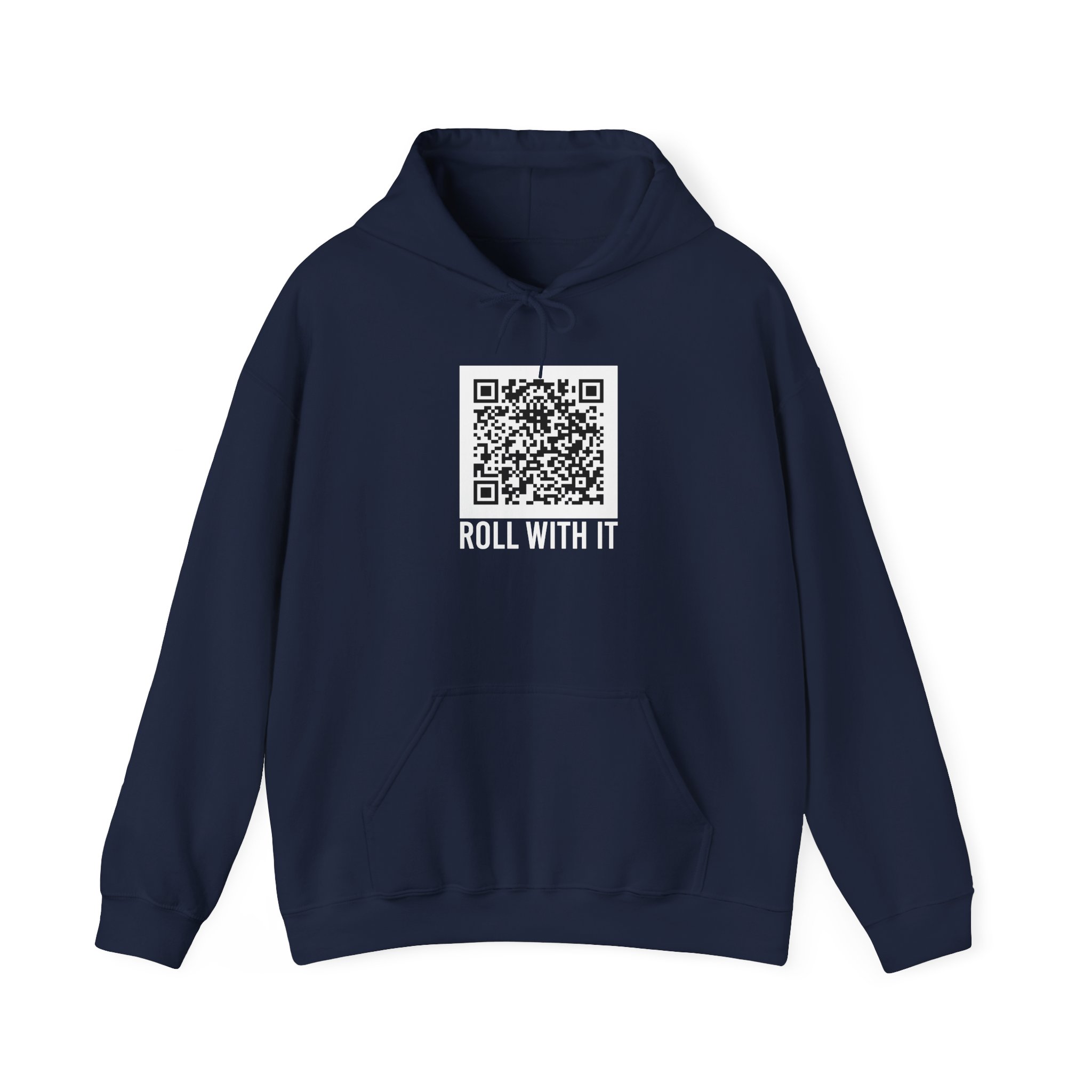 Roll With It QR Code hoodie in Navy, front view