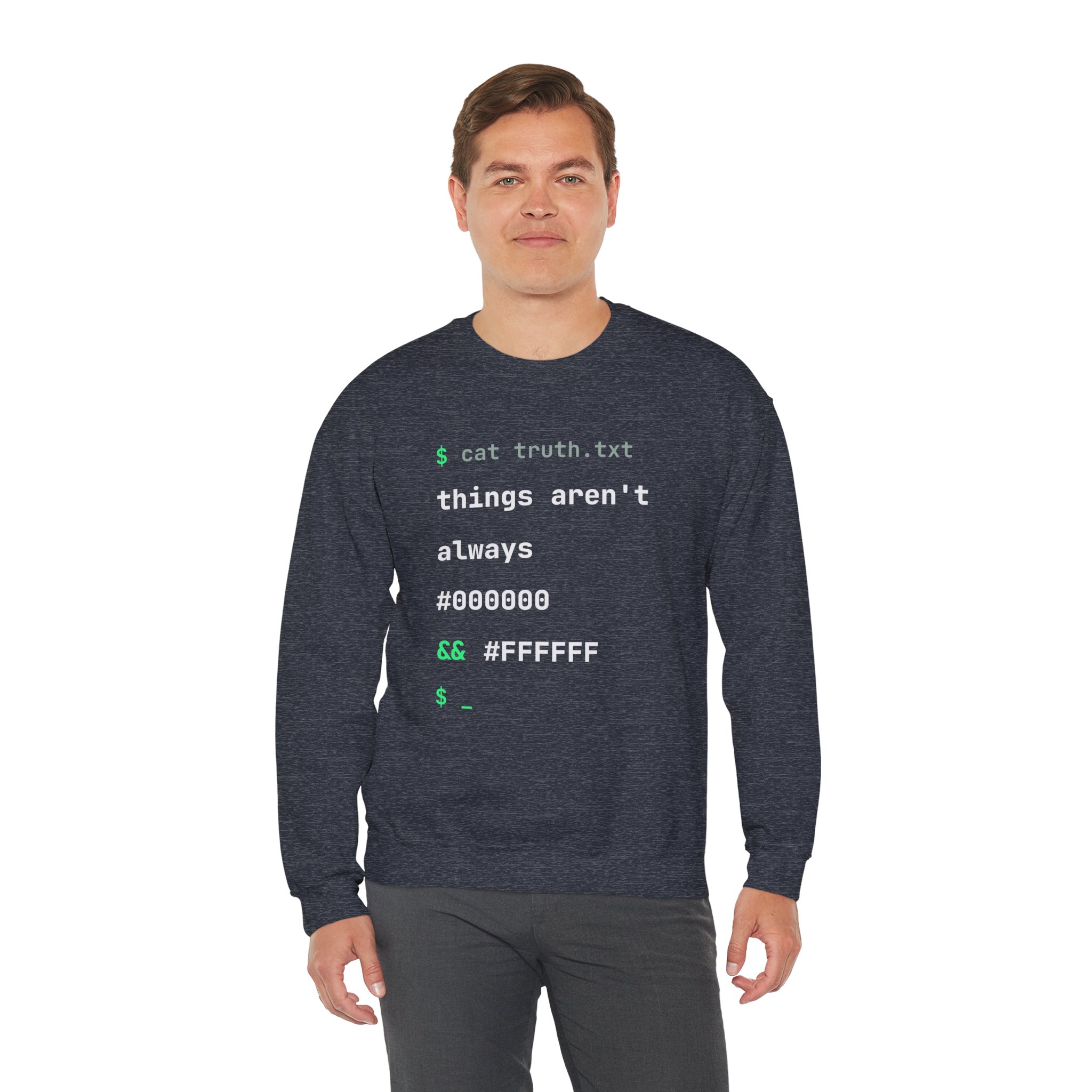 cat truth.txt crewneck sweatshirt in Heather Sport Dark Navy, worn by a model, third view