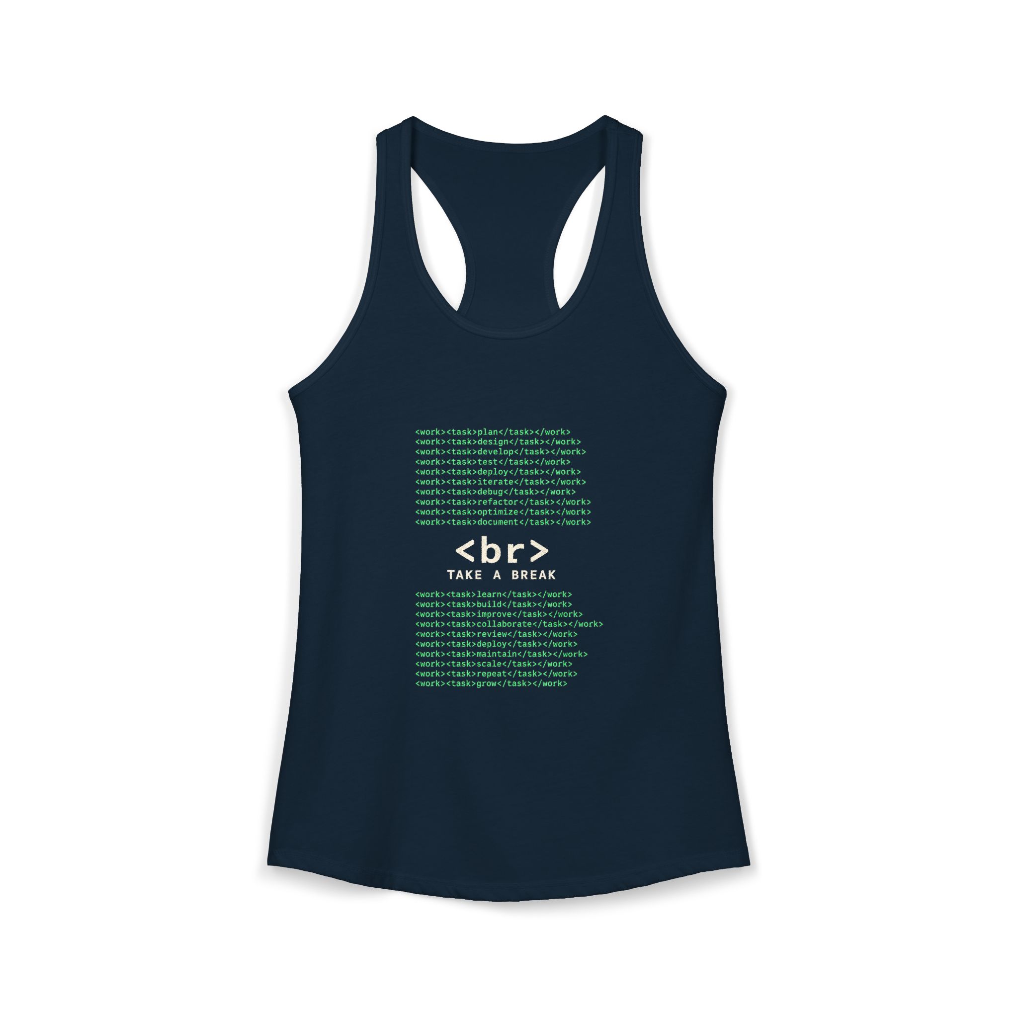 Work Work Break women's racerback tank in Solid Midnight Navy, front 2