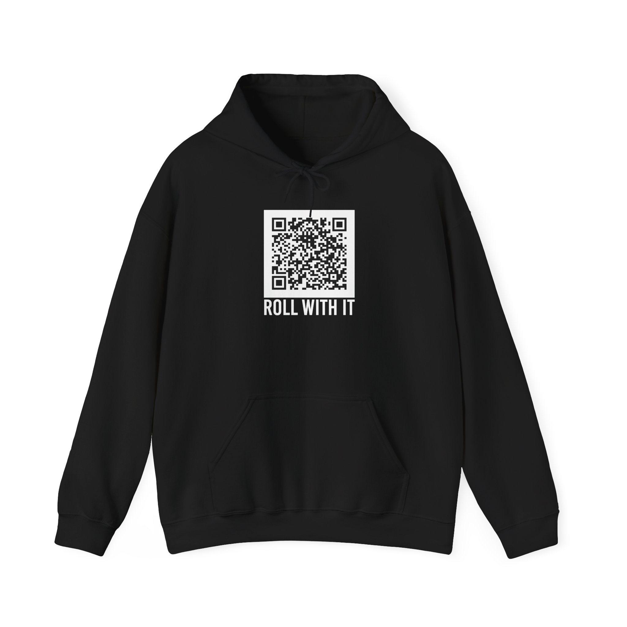 Roll With It QR Code hoodie in Black, front view