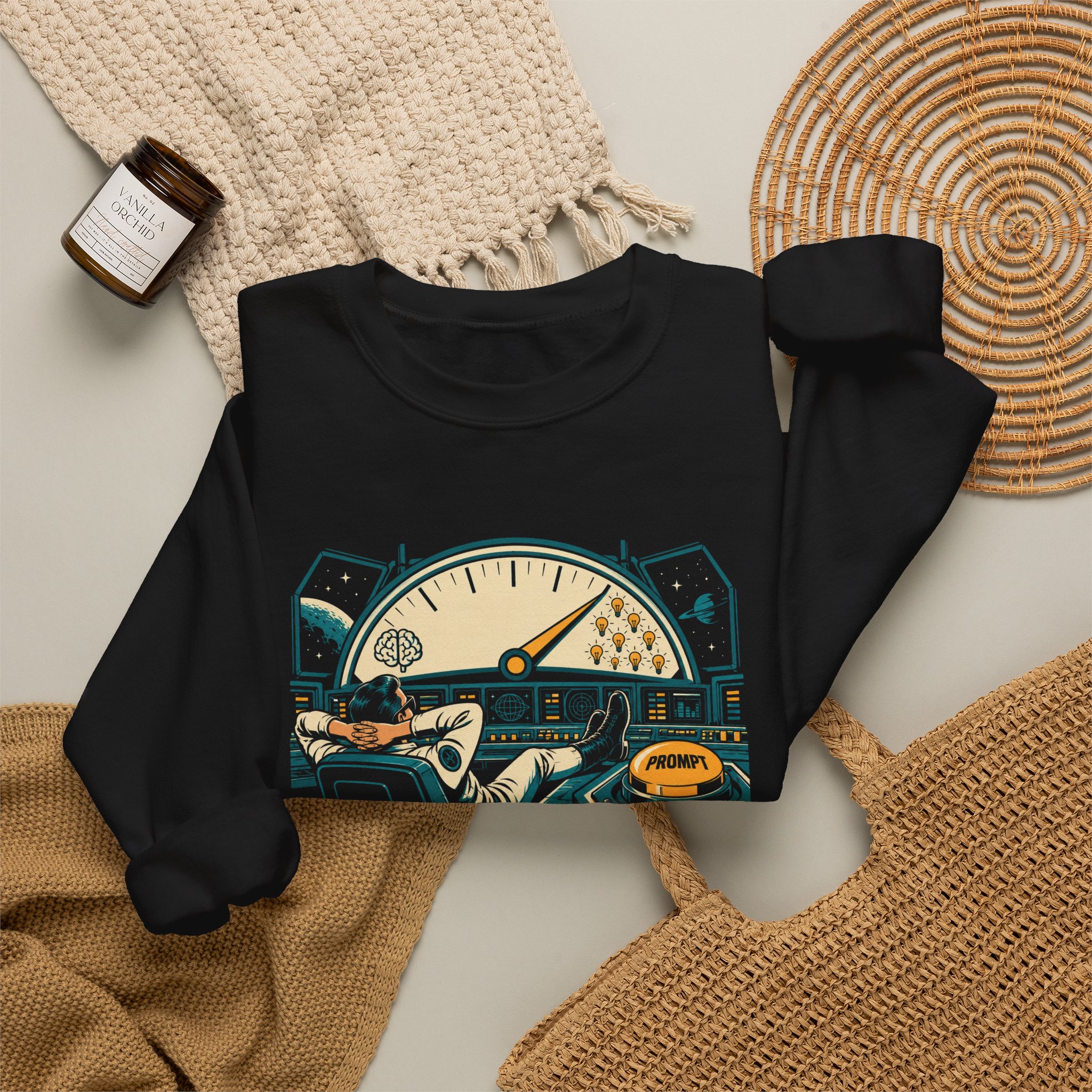 Prompt Mission Control crewneck sweatshirt in Black, folded 2