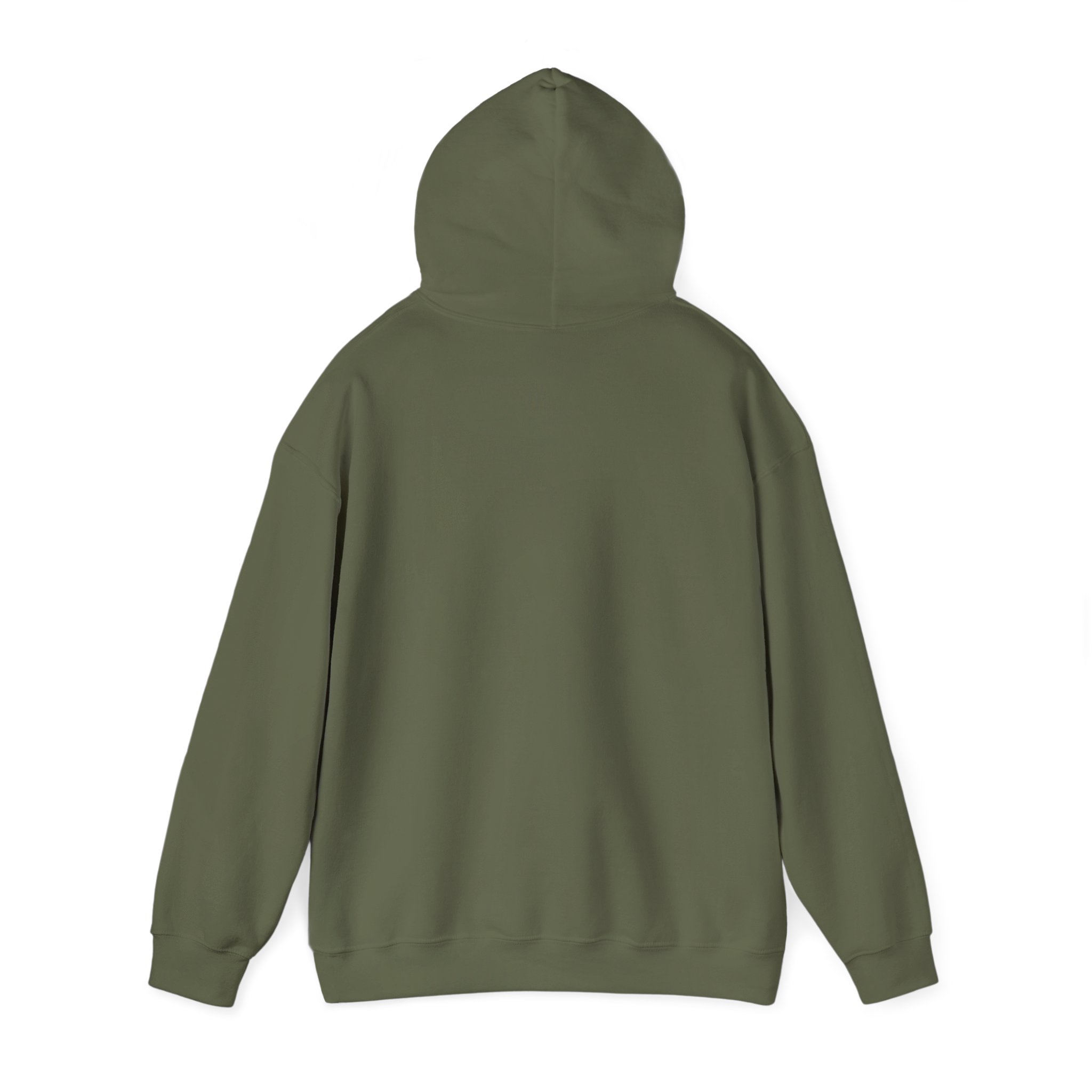 In Case of Burnout hoodie in Military Green, back view, second angle