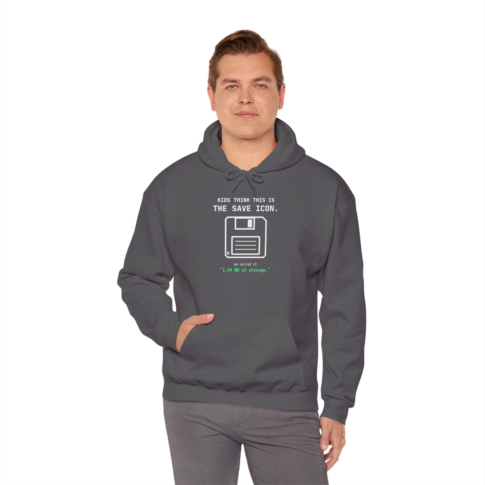 The Original Save Icon hoodie in Charcoal, worn by a model, fourth view
