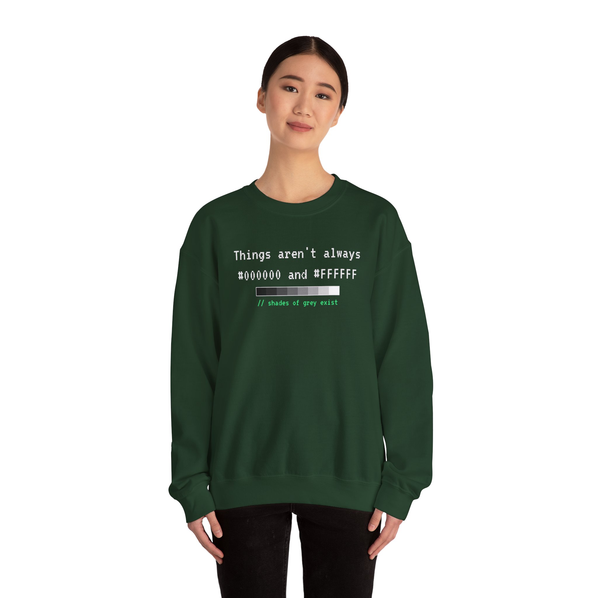Shades of Grey Exist crewneck sweatshirt in Forest Green, worn by a model