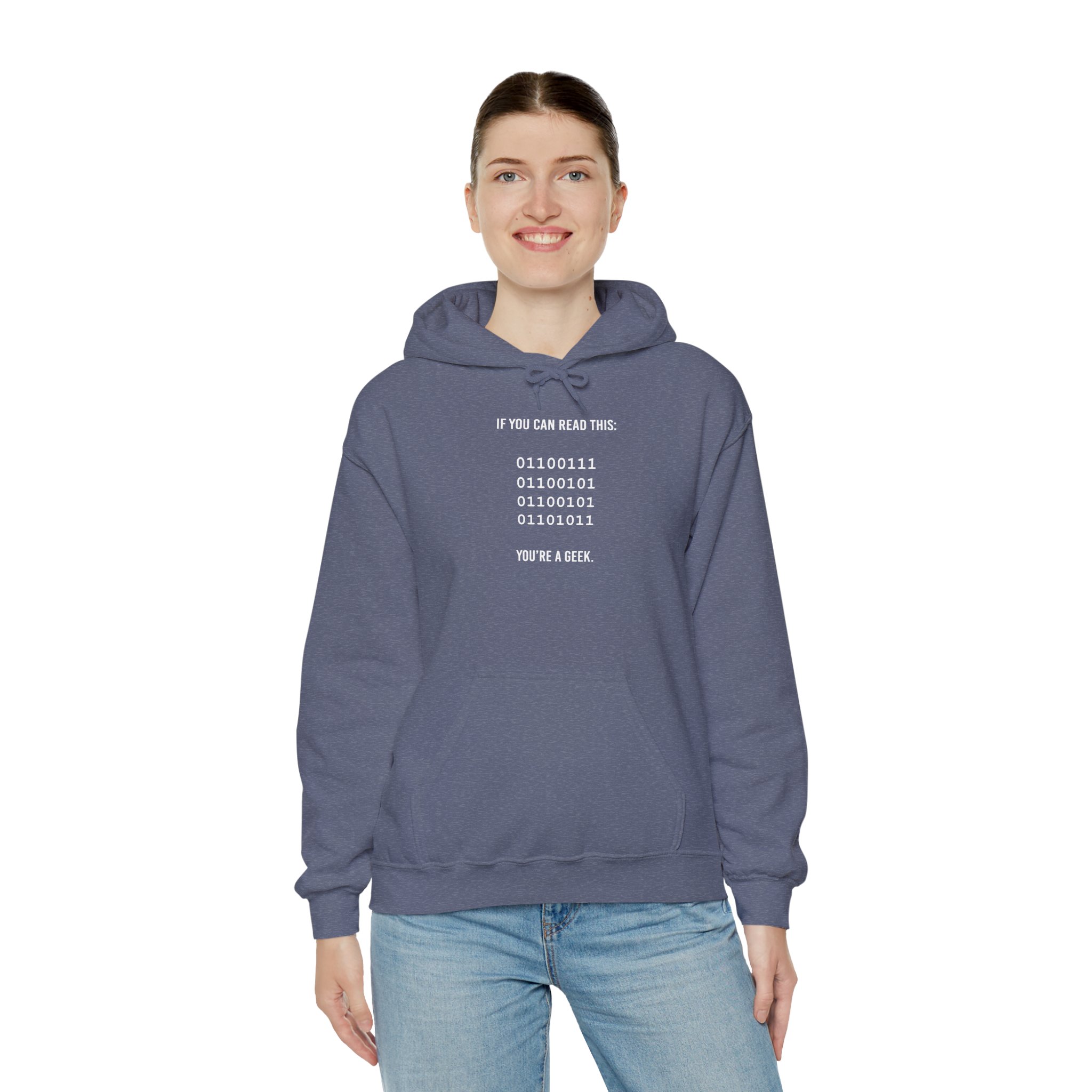 Geek Binary Code hoodie in Heather Navy, worn by a model, third view
