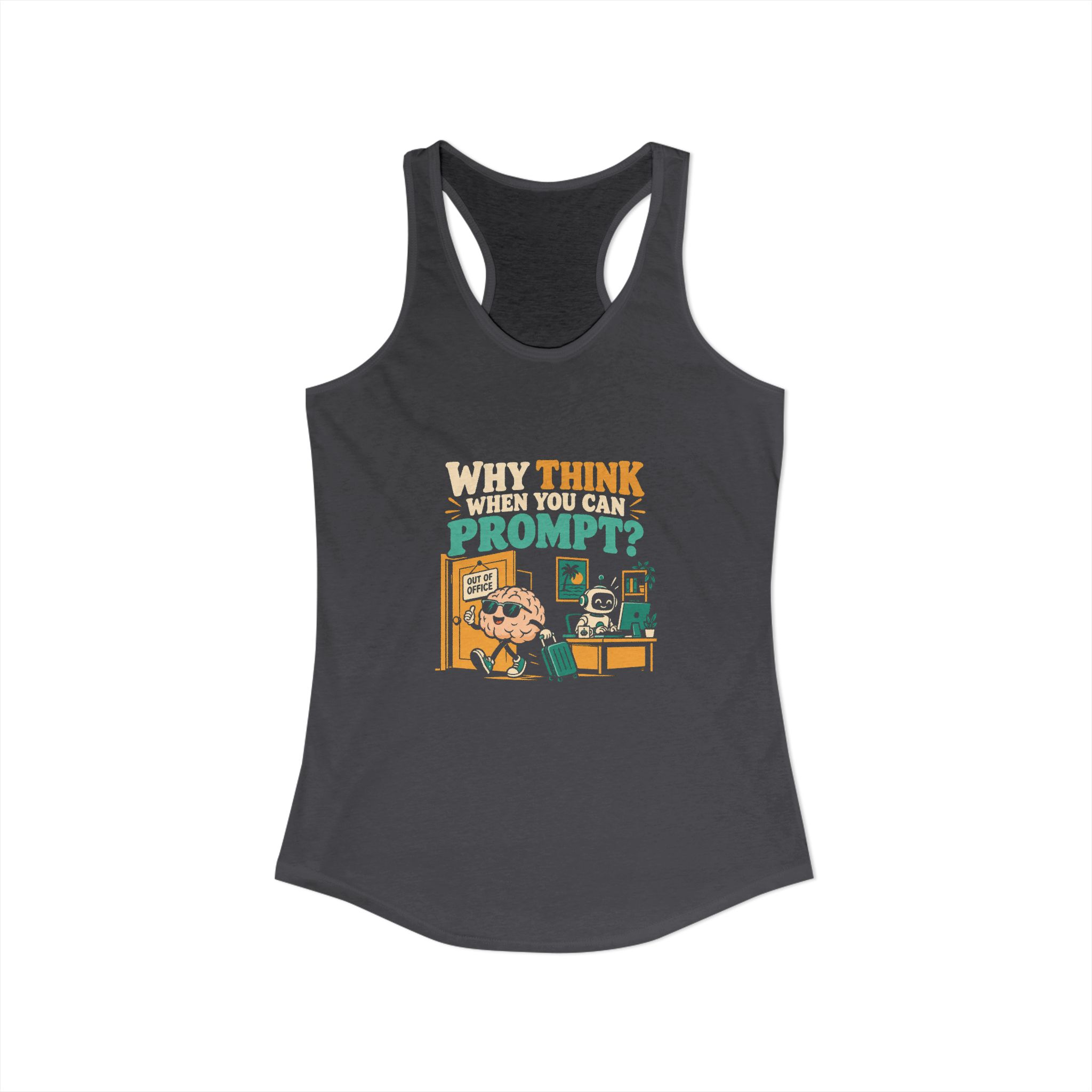 Prompt Out of Office women's racerback tank in Solid Dark Gray, front view