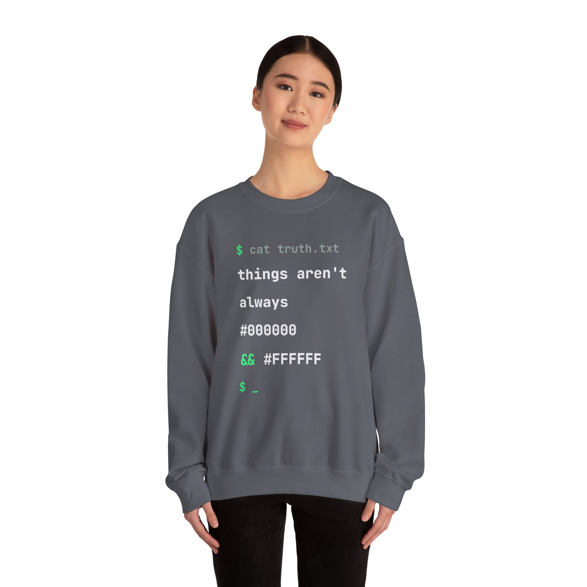 cat truth.txt crewneck sweatshirt in Charcoal, worn by a model
