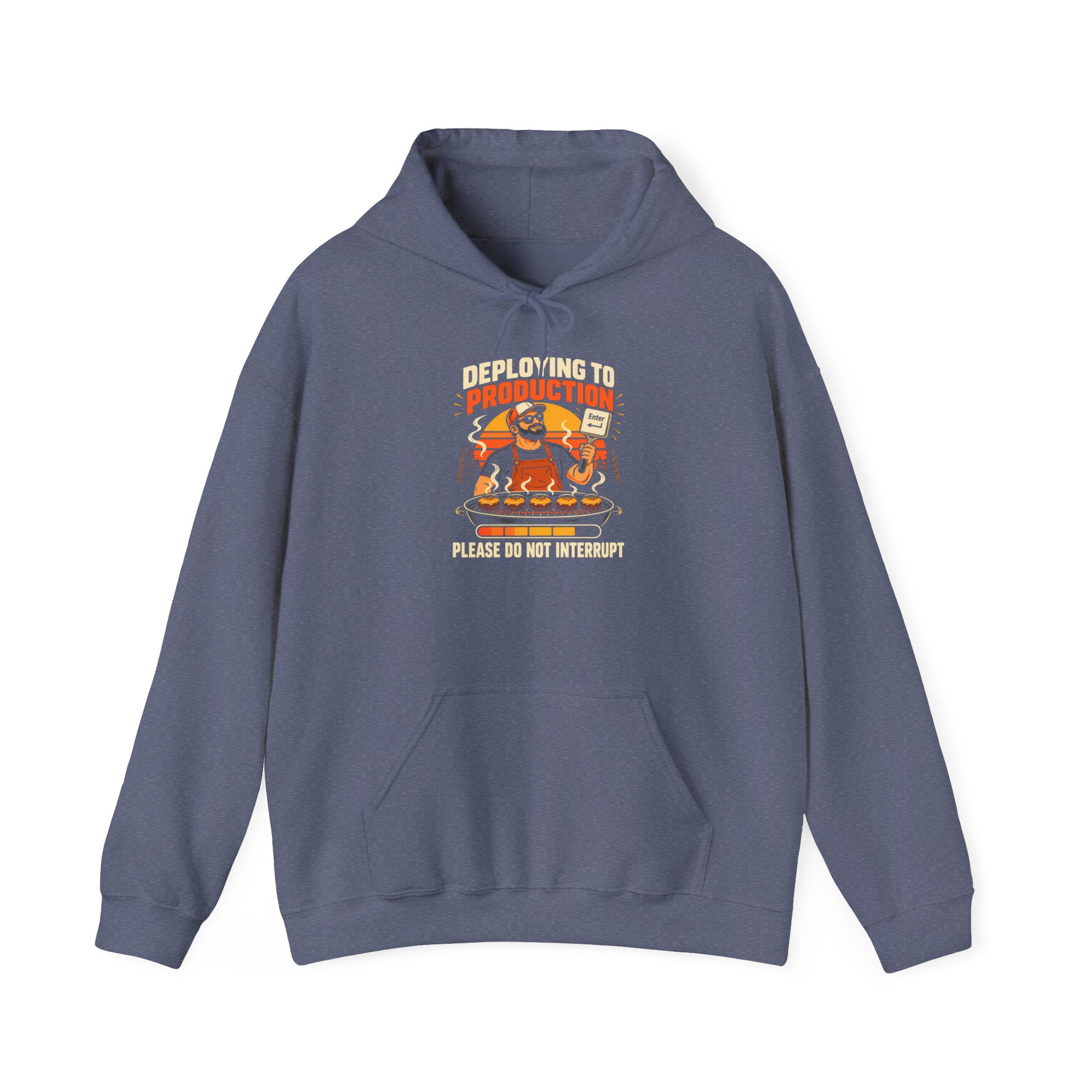 Deploying to Production hoodie in Heather Navy, front view