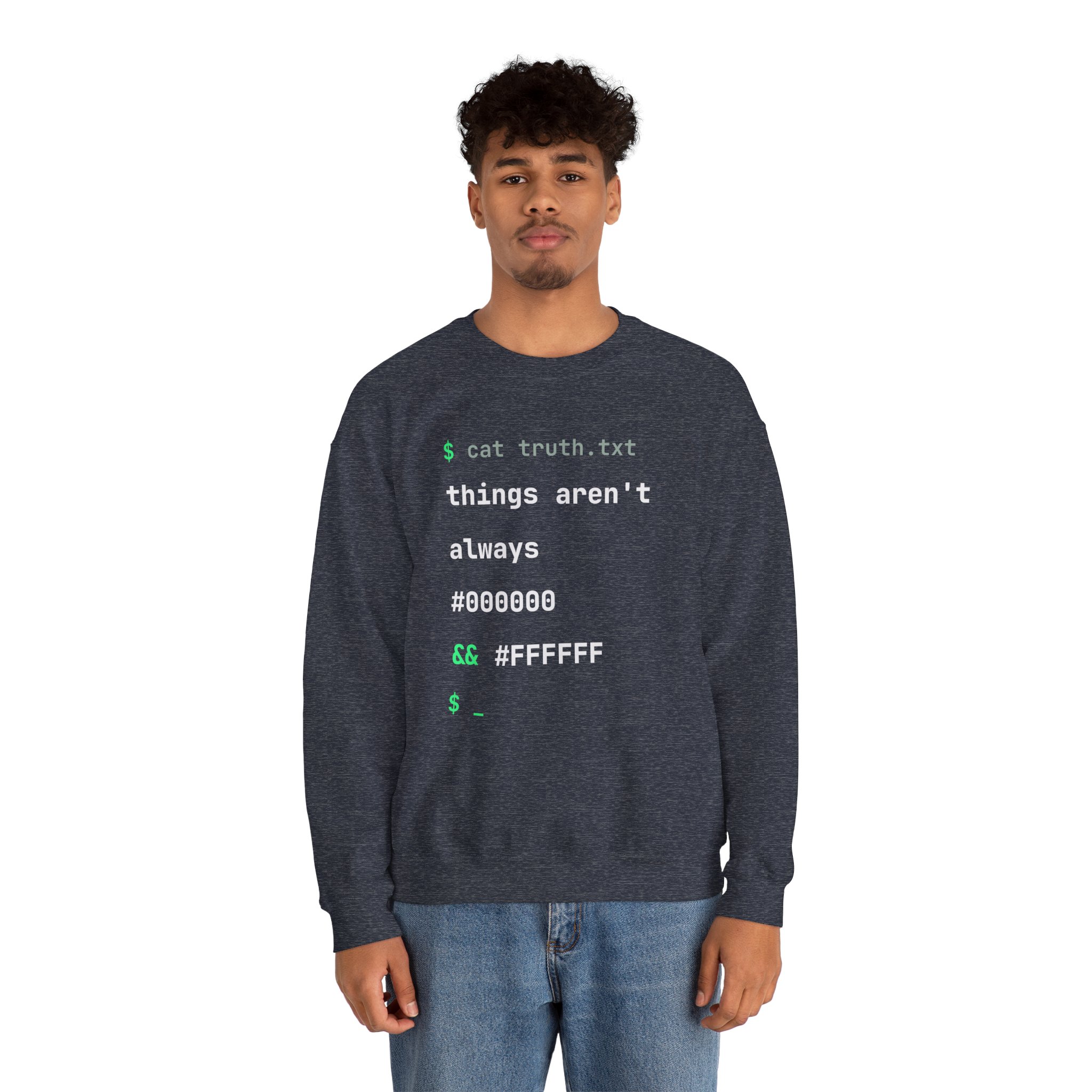 cat truth.txt crewneck sweatshirt in Heather Sport Dark Navy, worn by a model, second view