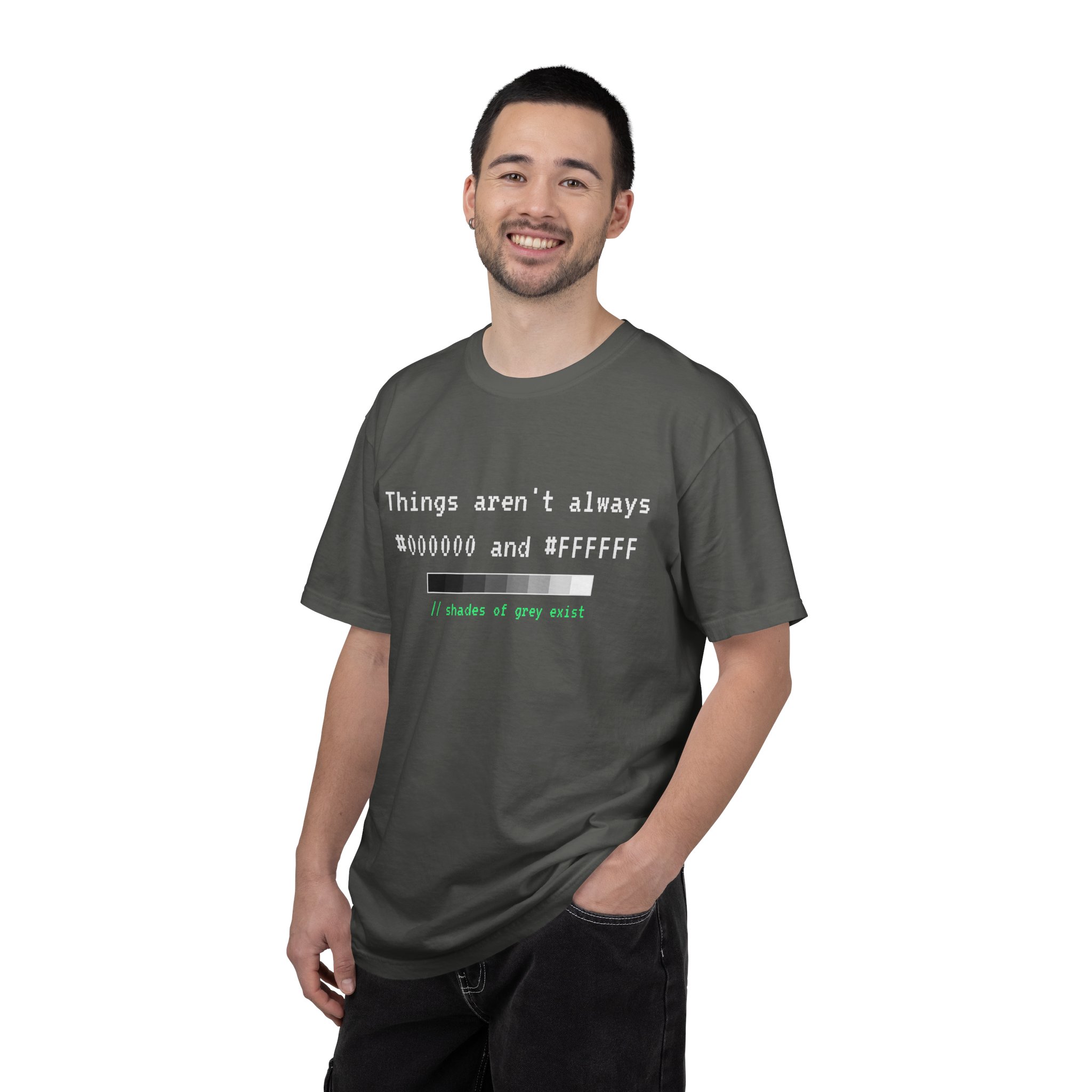 Shades of Grey Exist T-shirt in Pepper, worn by a man
