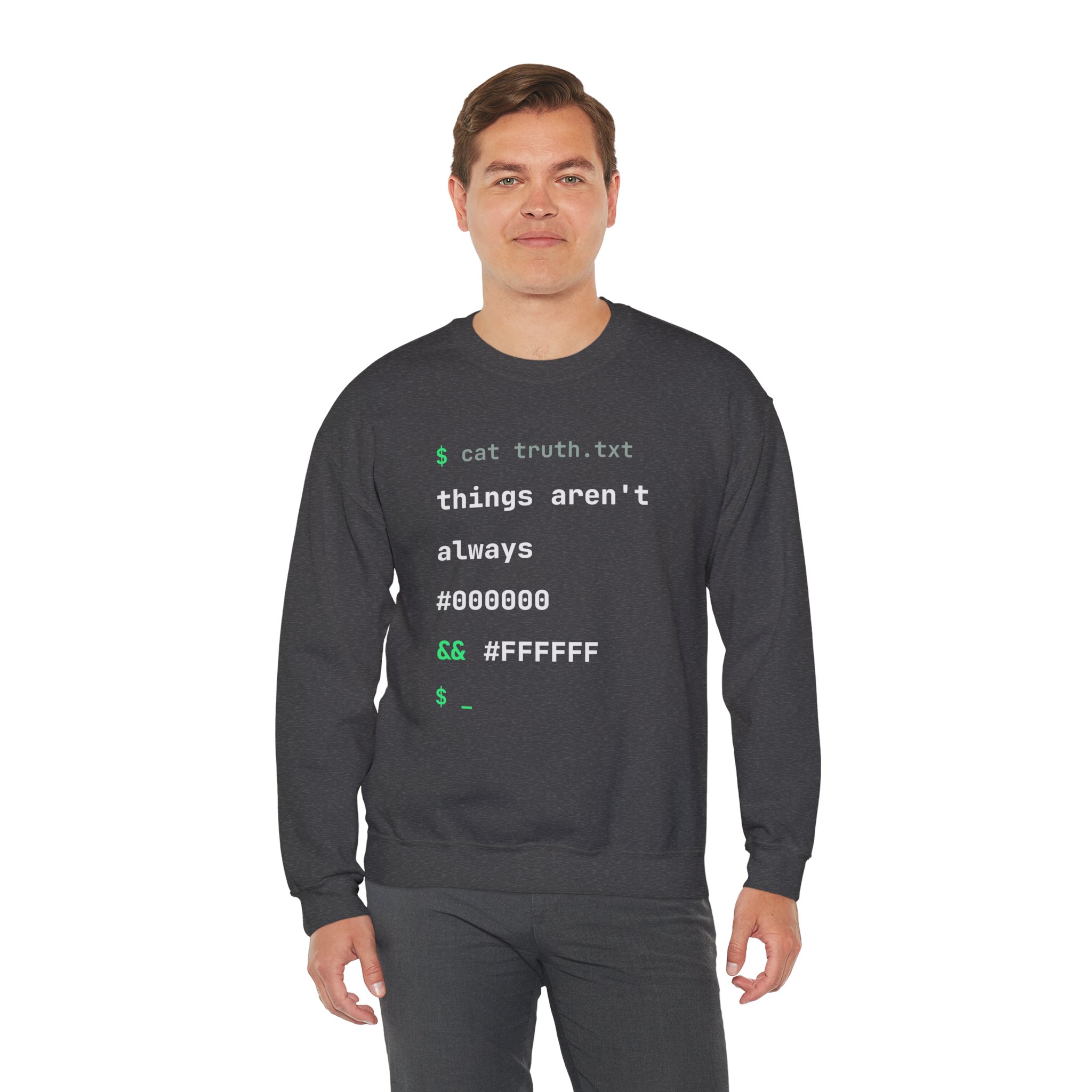 cat truth.txt crewneck sweatshirt in Dark Heather, worn by a model, third view