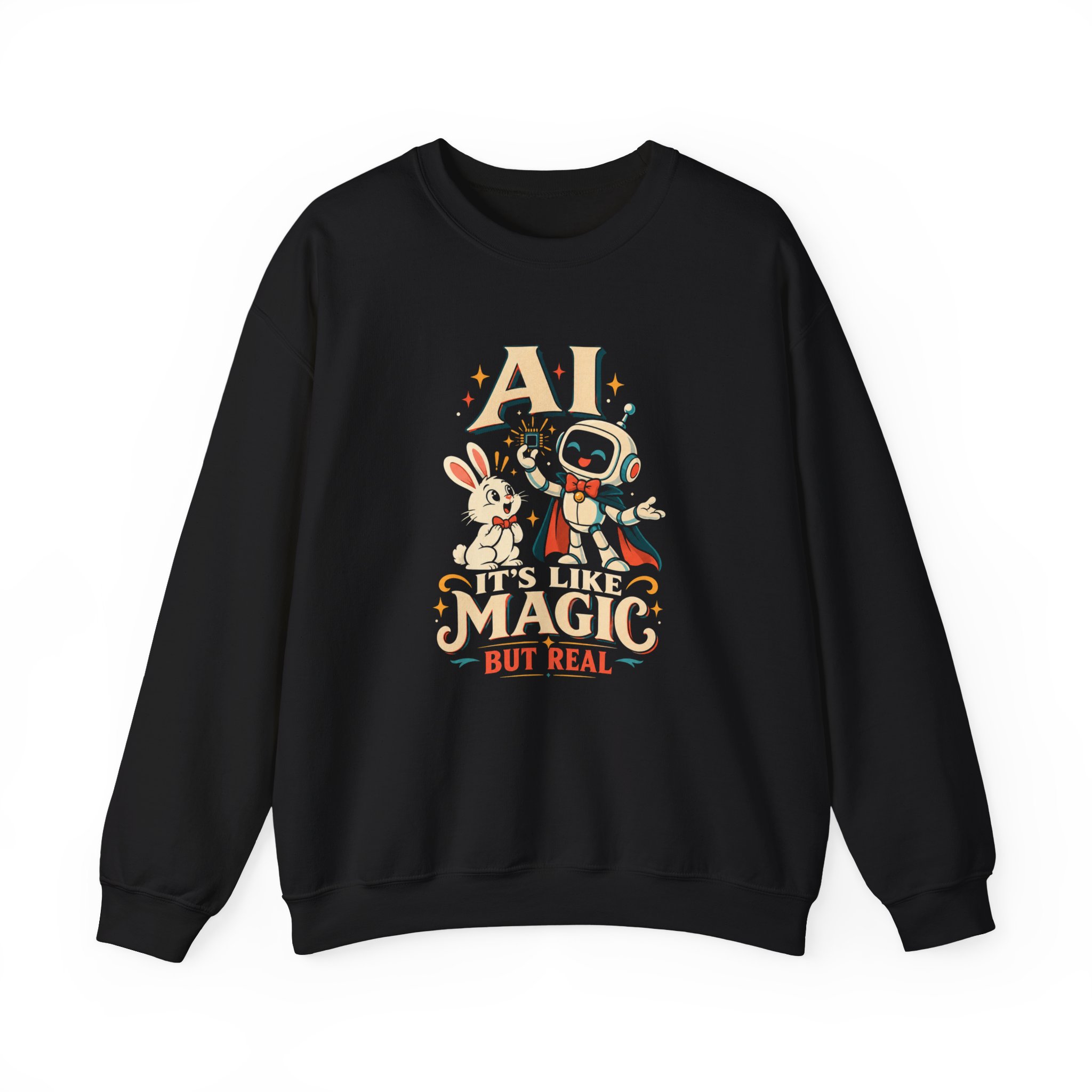AI Magic Bunny crewneck sweatshirt in Black, front view