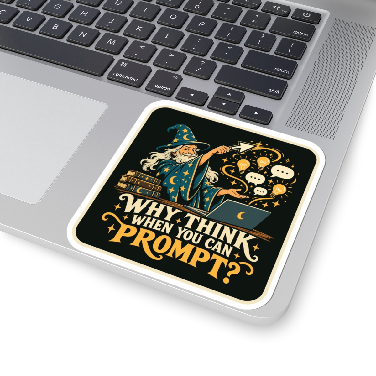 Prompt Wizard sticker, 4 inch, on a laptop
