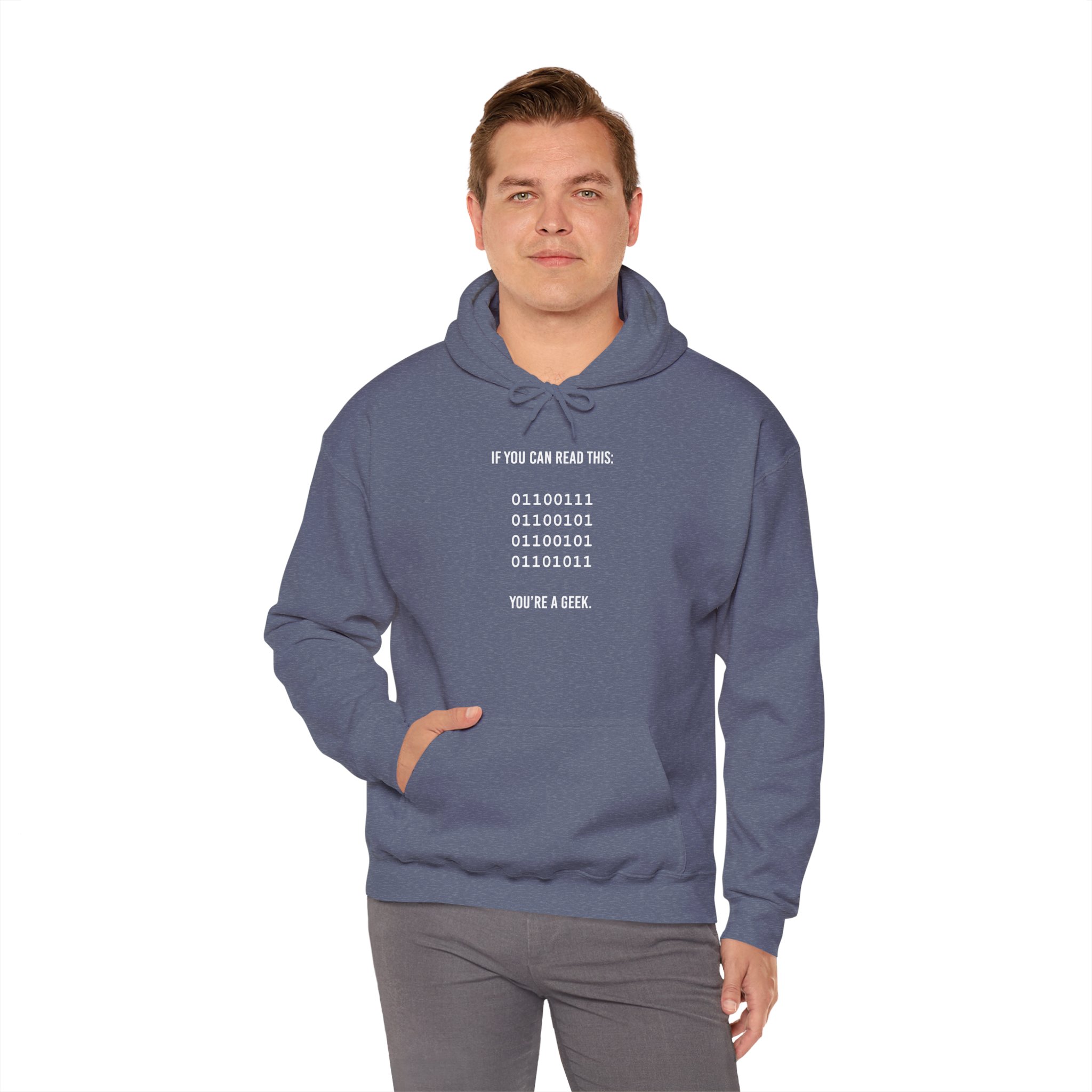 Geek Binary Code hoodie in Heather Navy, worn by a model, fourth view