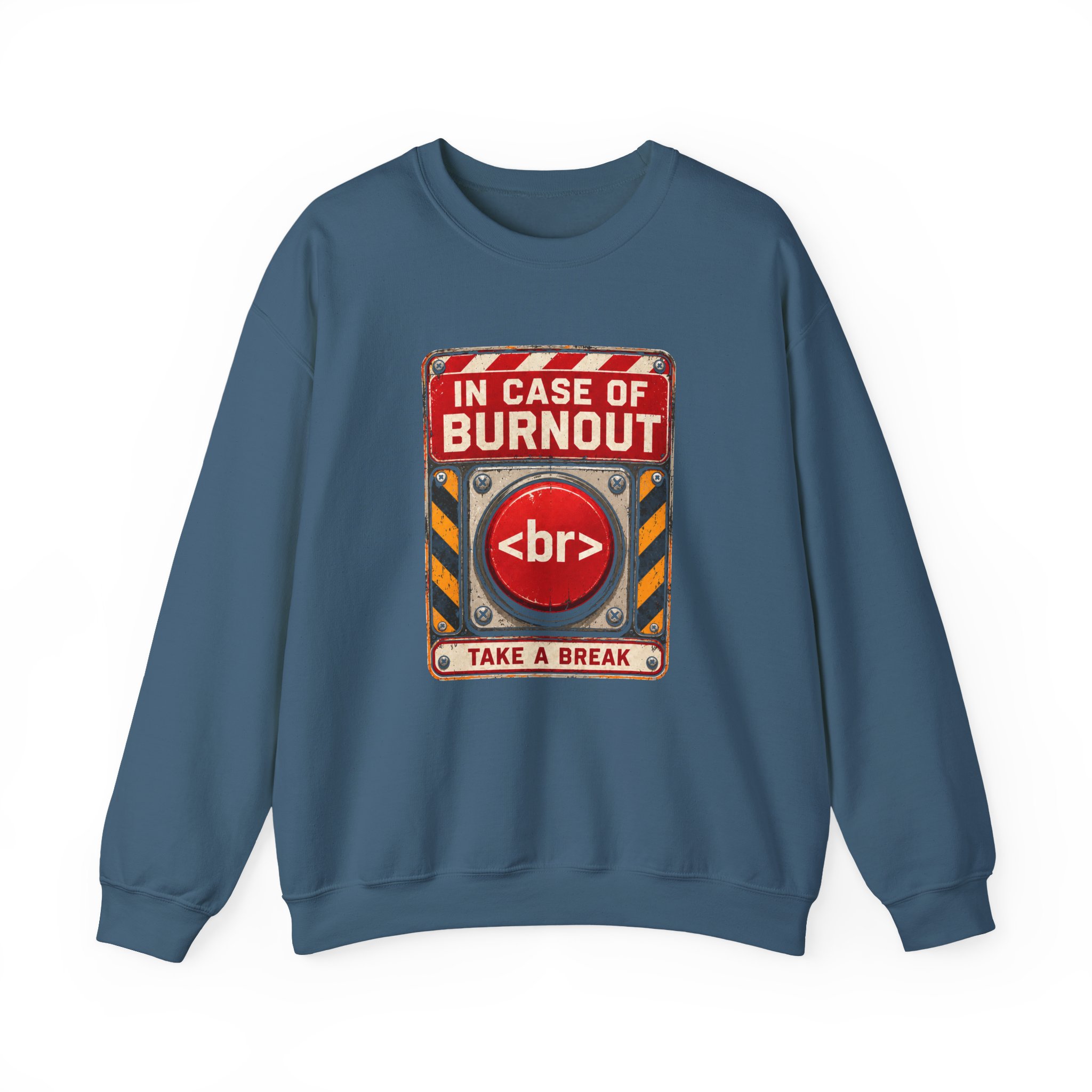In Case of Burnout crewneck sweatshirt in Indigo Blue, front view