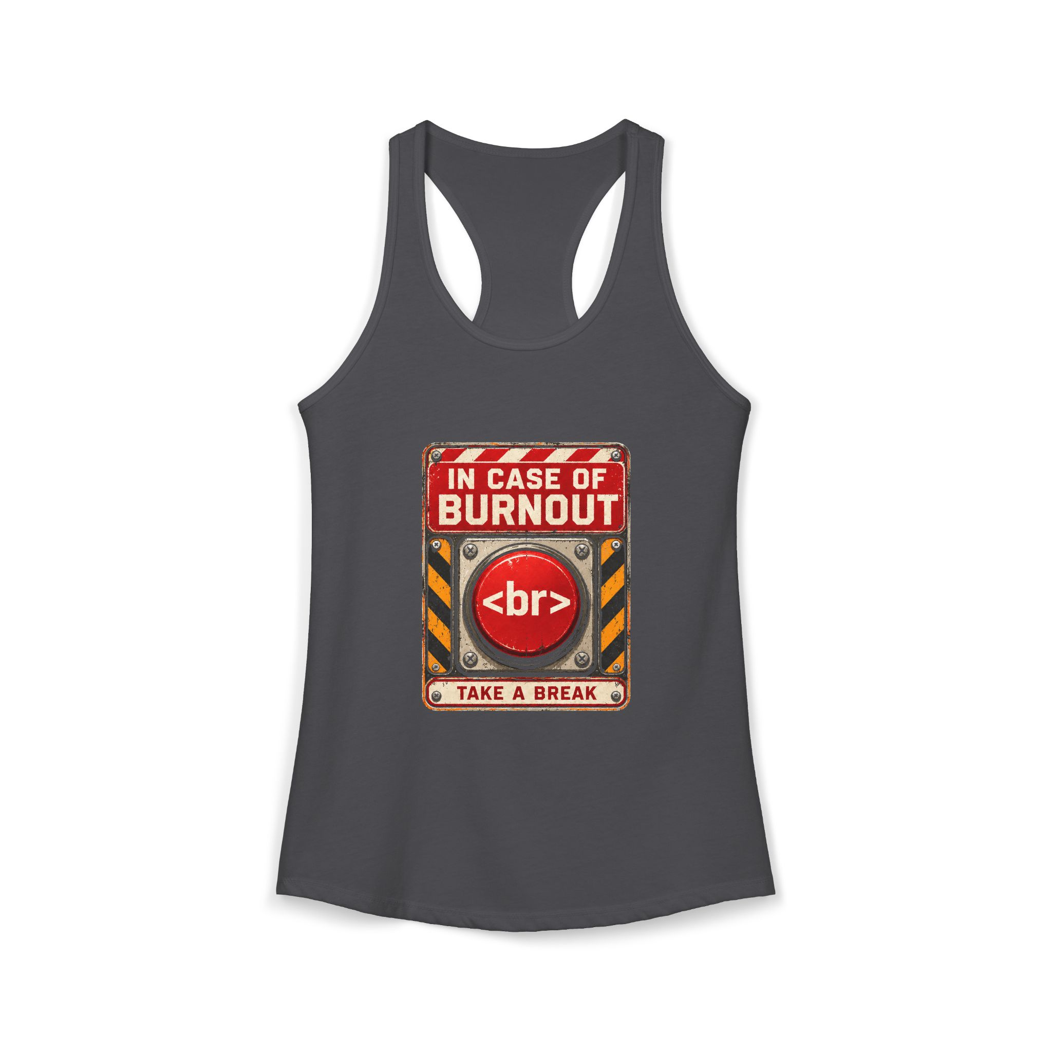 In Case of Burnout women's racerback tank in Solid Dark Gray, front 2