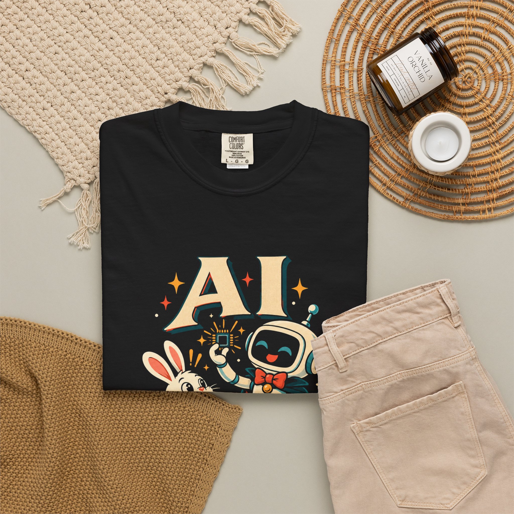 AI Magic Bunny T-shirt in Black, folded 2