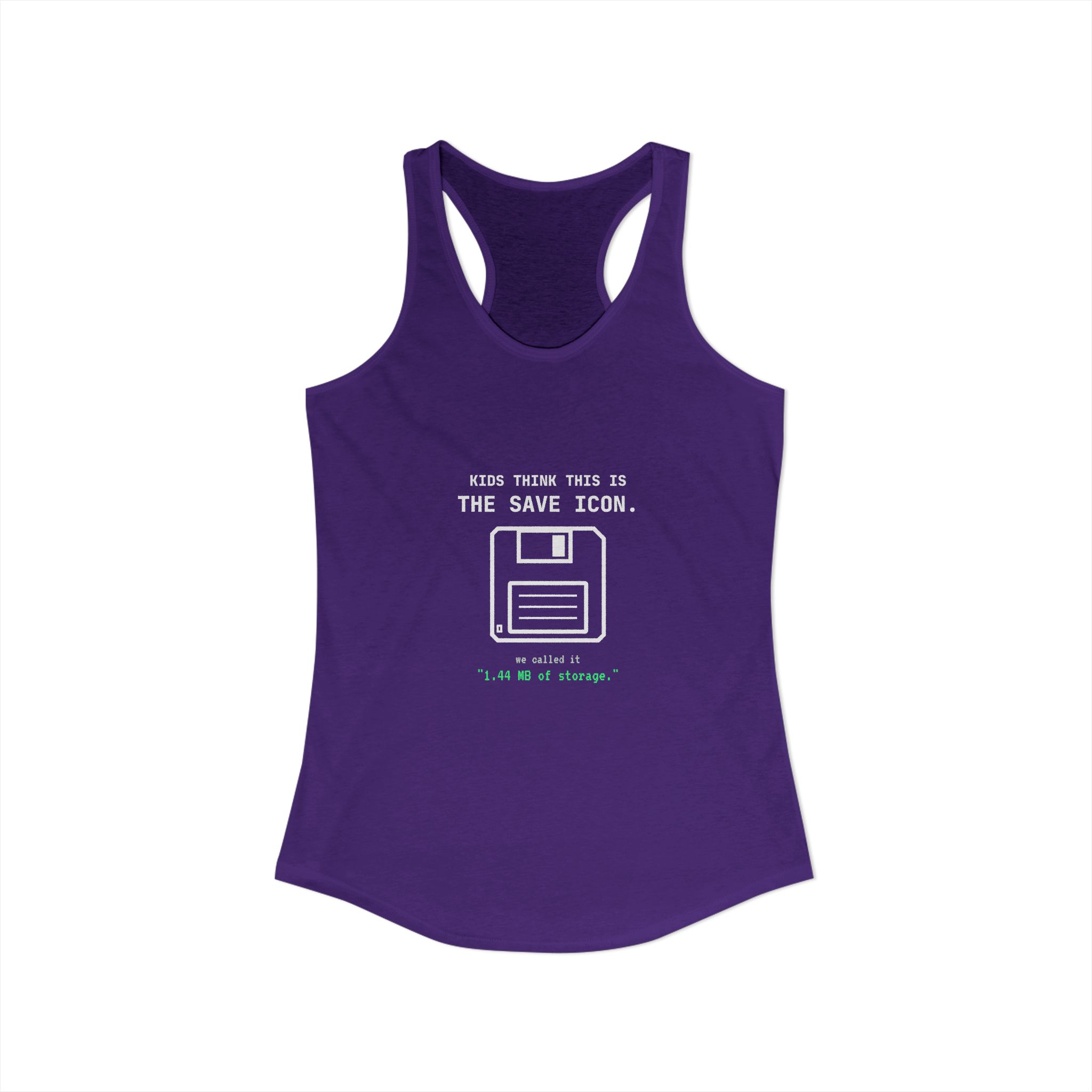 The Original Save Icon women's racerback tank in Solid Purple Rush, front view