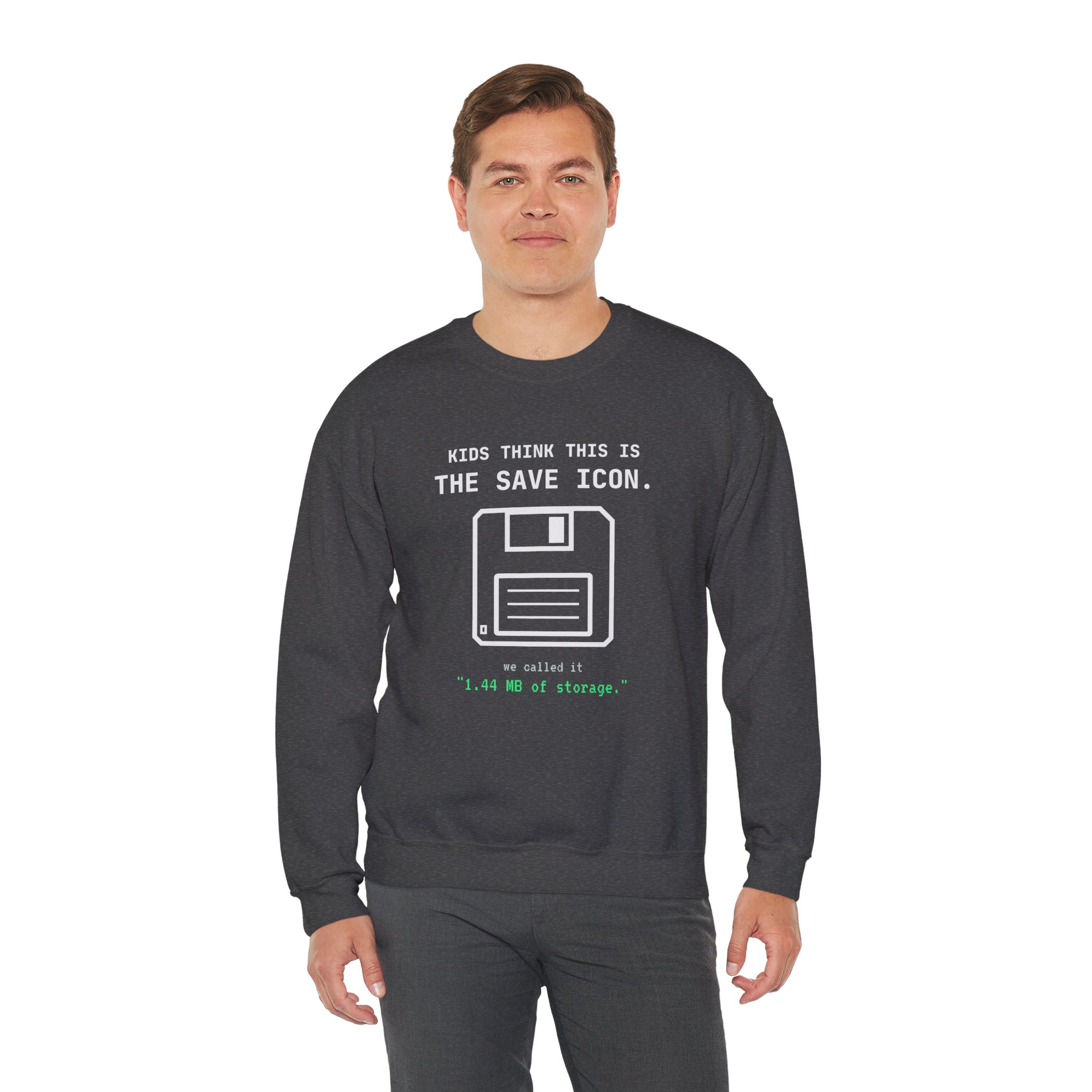 The Original Save Icon crewneck sweatshirt in Dark Heather, worn by a model, third view