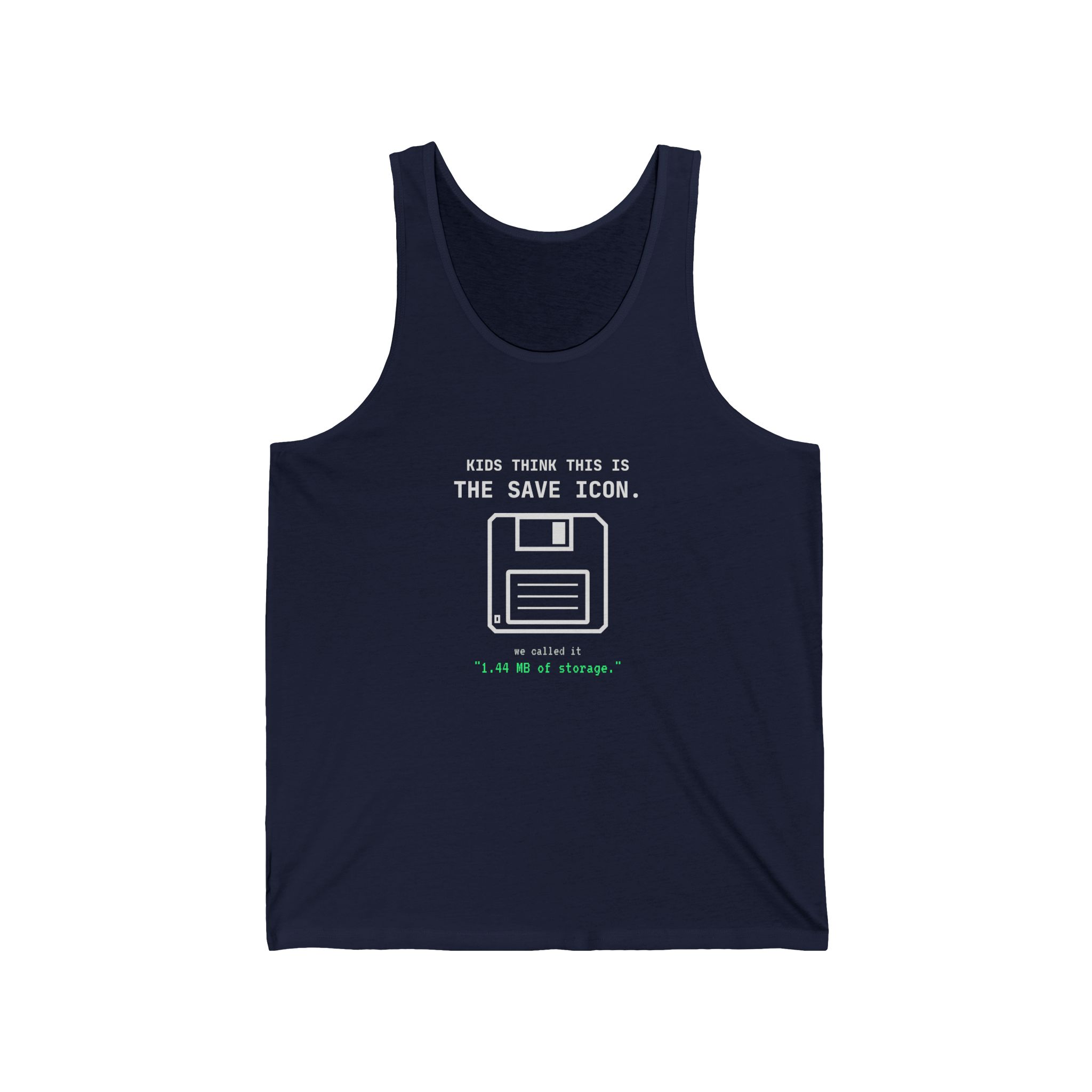 The Original Save Icon unisex tank in Navy, front view