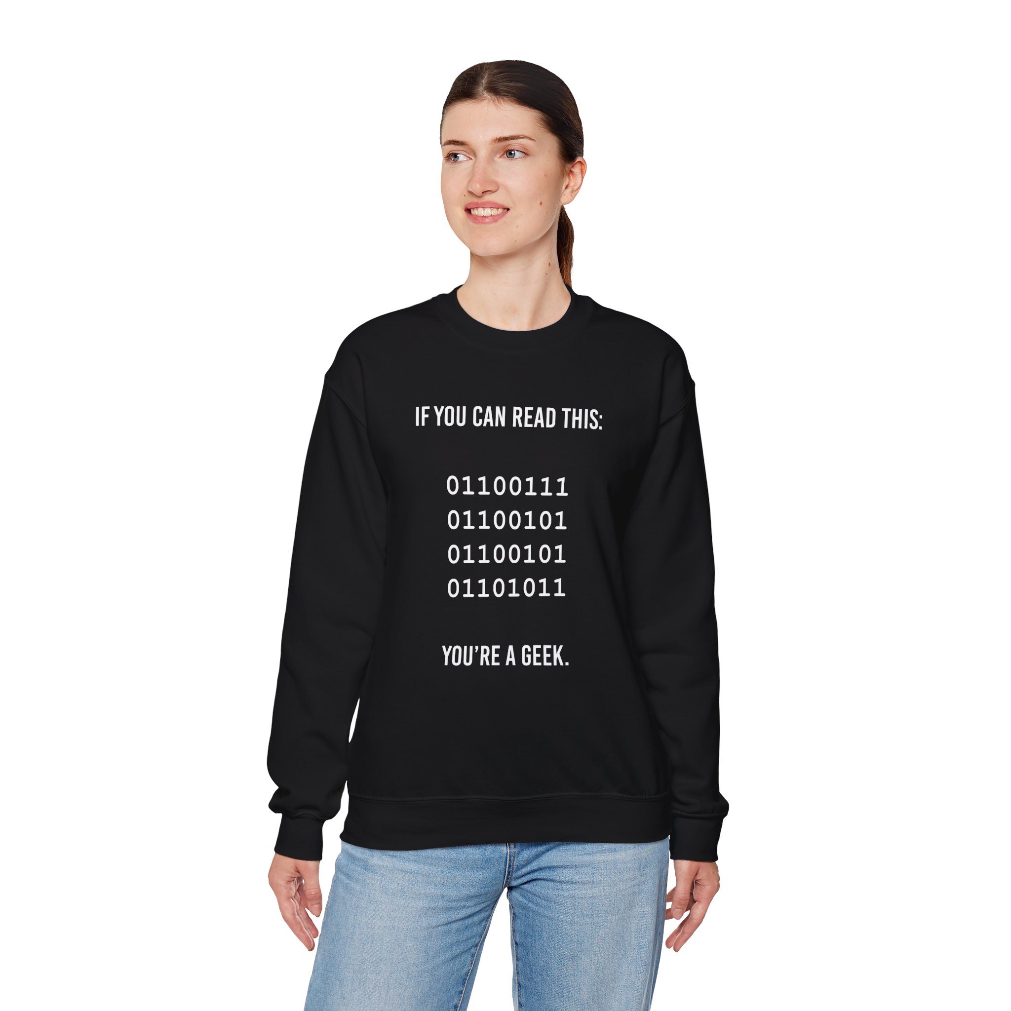 Geek Binary Code crewneck sweatshirt in Black, worn by a model, fourth view