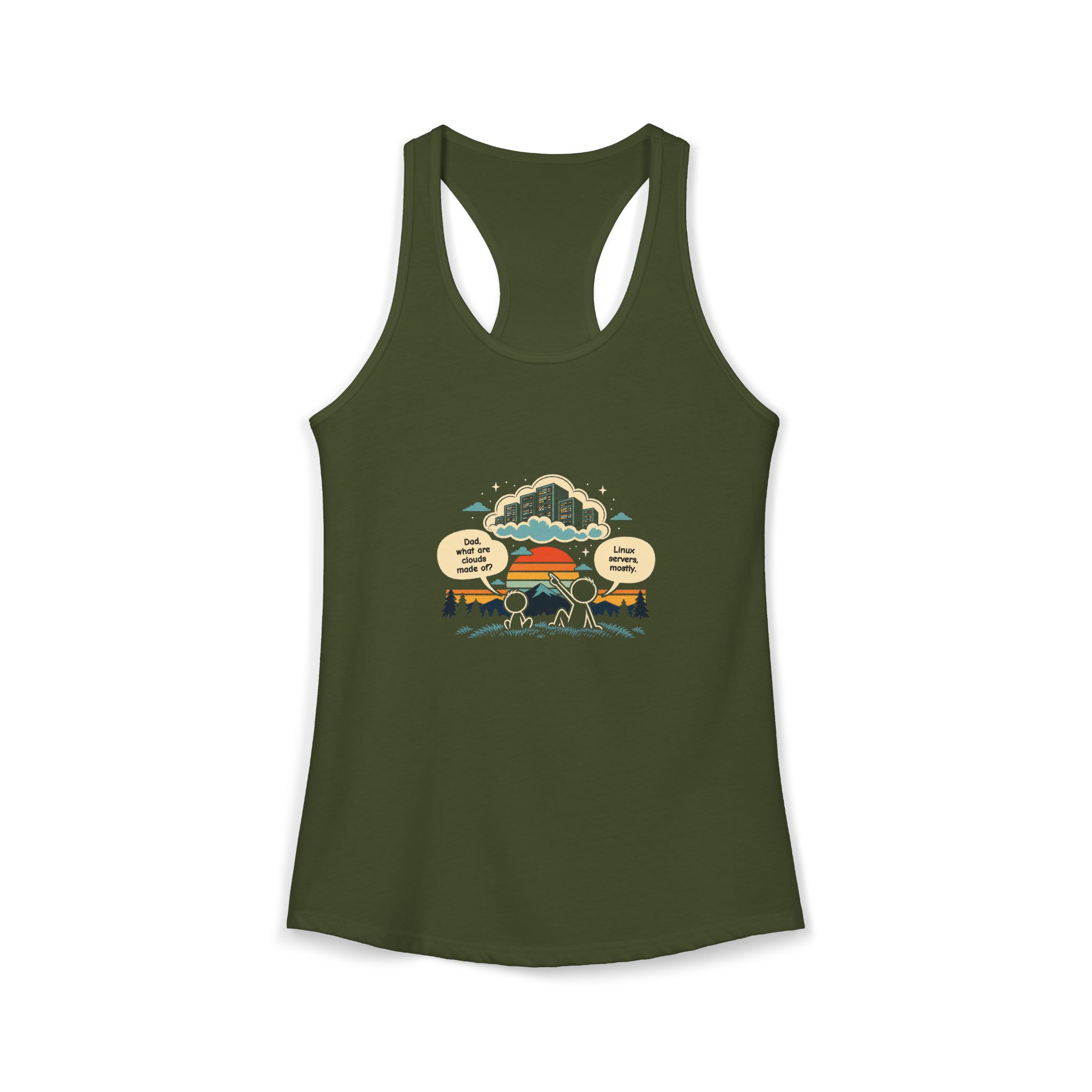 Linux Clouds women's racerback tank in Solid Military Green, front 2