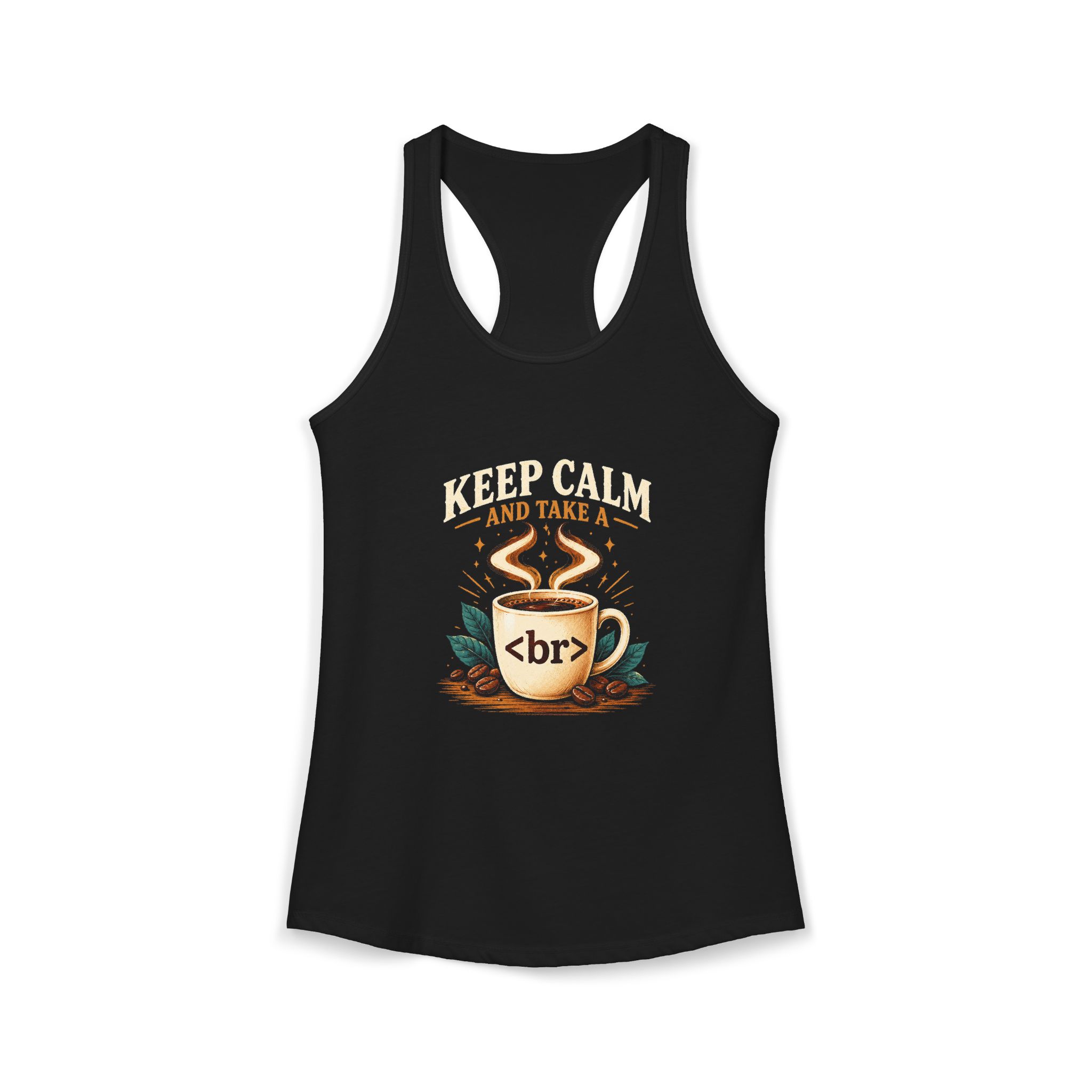 Keep Calm Coffee Break women's racerback tank in Solid Black, front 2