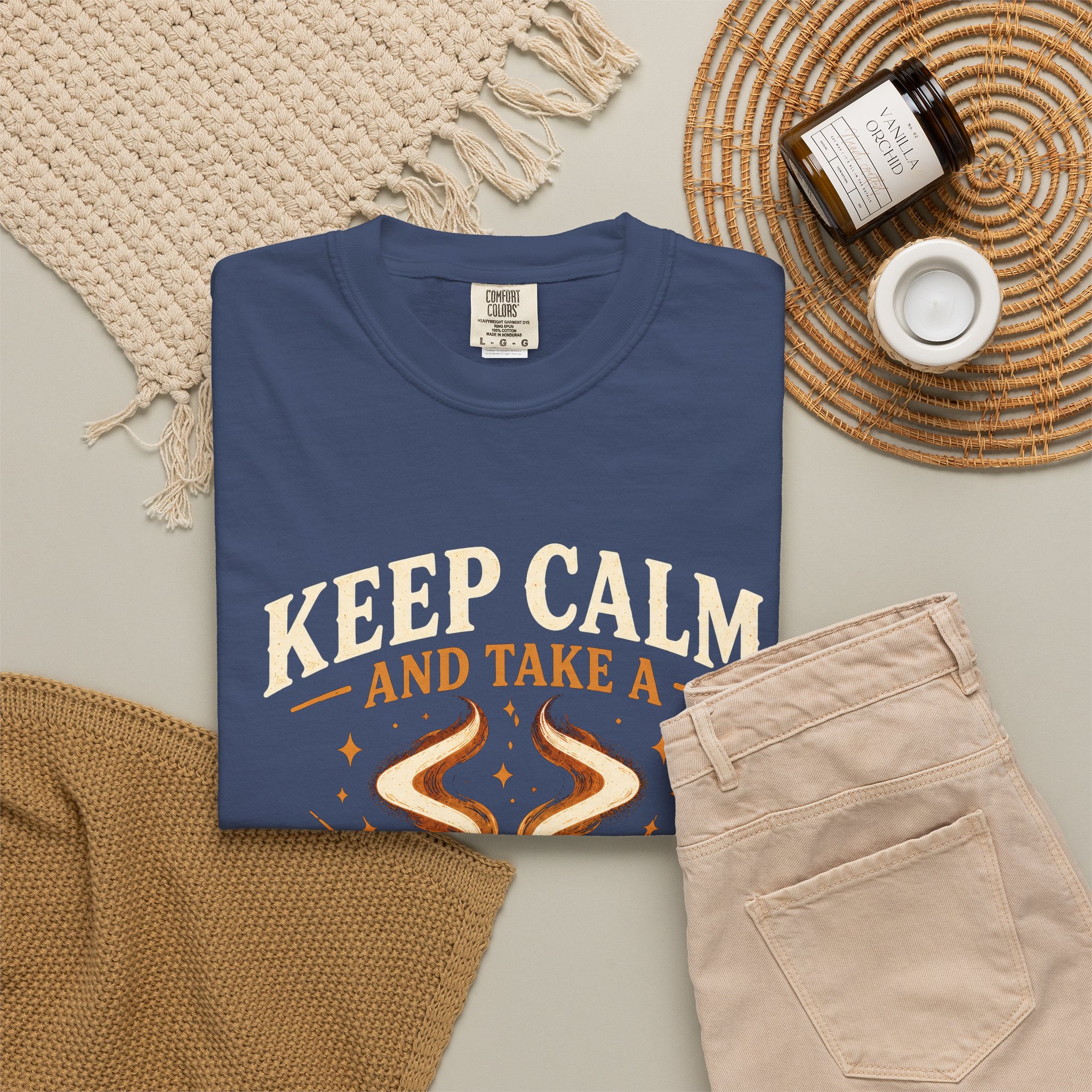 Keep Calm Coffee Break T-shirt in China Blue, folded 2