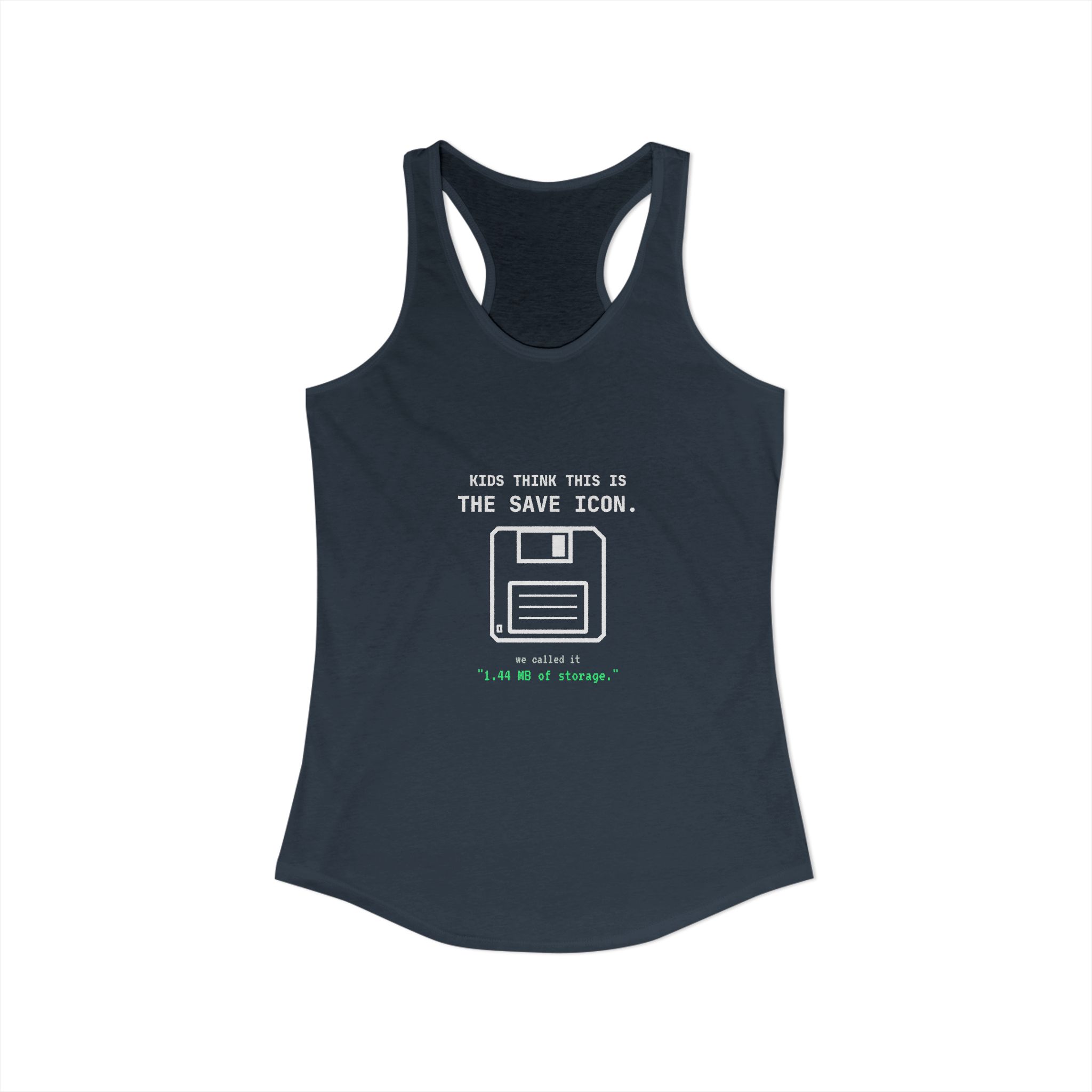 The Original Save Icon women's racerback tank in Solid Indigo, front view